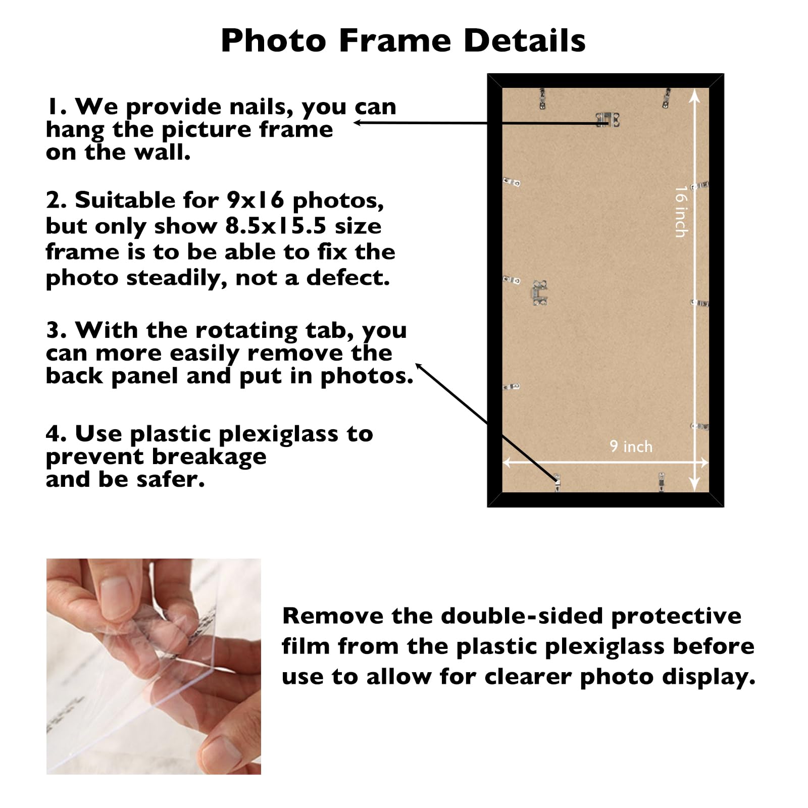 JCJMY 9x16 Picture Frame Black for Wall Hanging, Wall Mounting Horizontally or Vertically, 9 x 16 Wall Gallery Poster Photo Fram