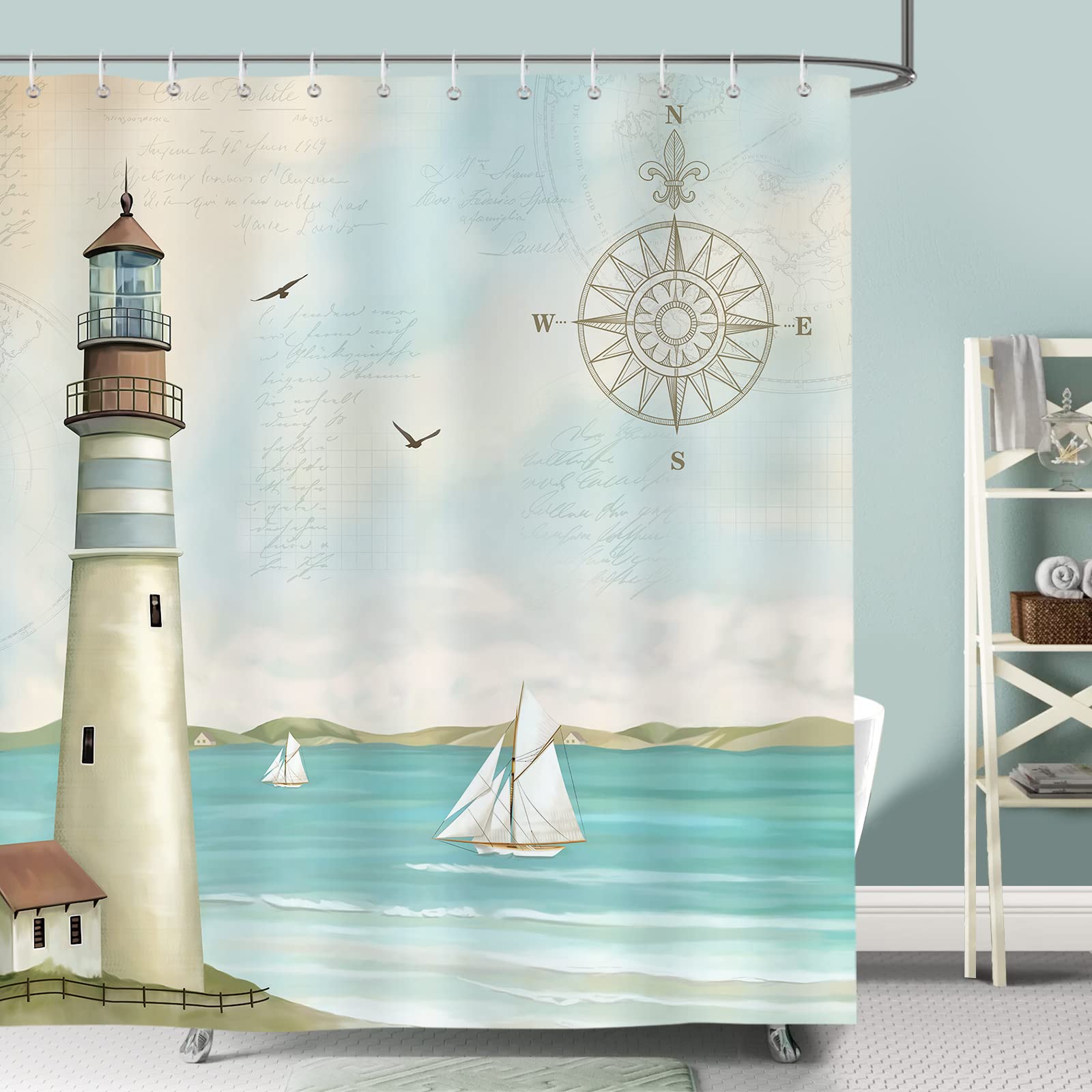 Bonhause Nautical Lighthouse Shower Curtain 72 X 72 Inch Sailboat Compass Coastal Decorative Bath Curtain Polyester Fabric Water