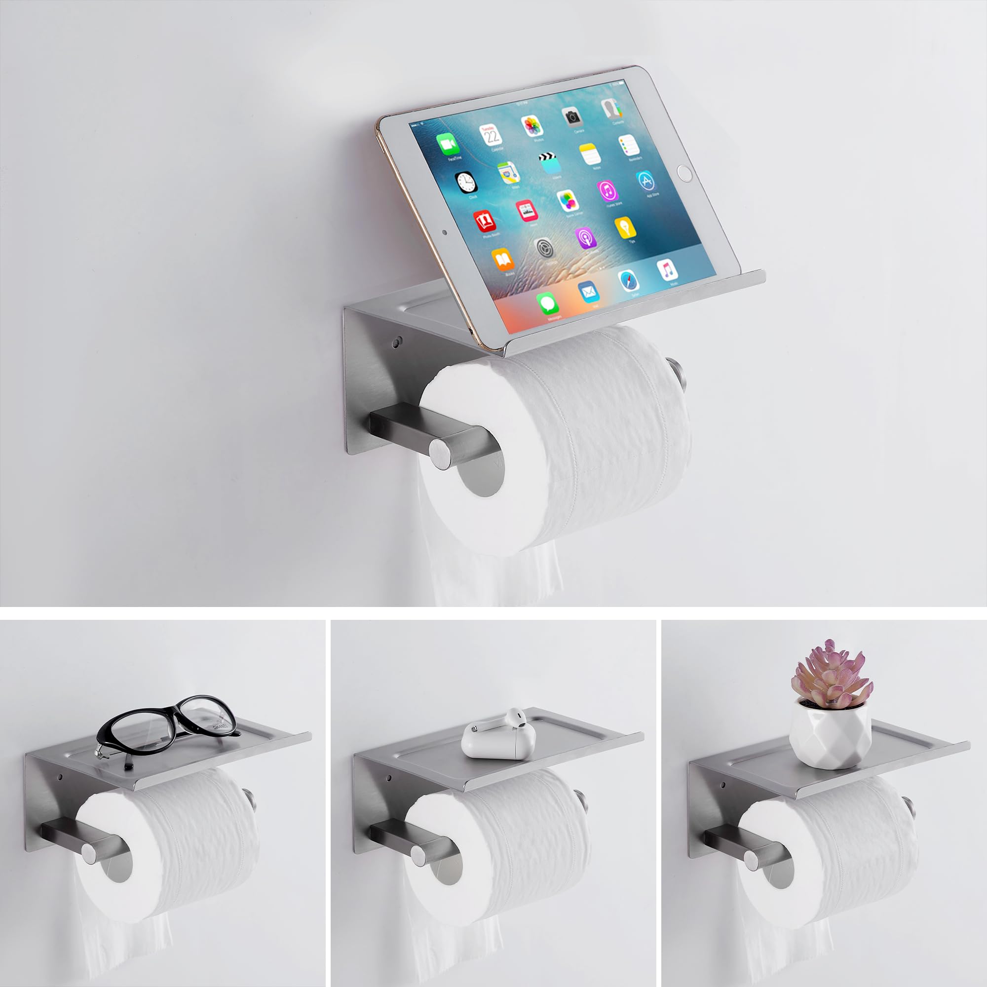 Toilet Paper Holder With Shelf, Wall Mounted Adhesive Holder For Bathroom, Tissue Roll Holder With Phone Storage Shelf, Brushed