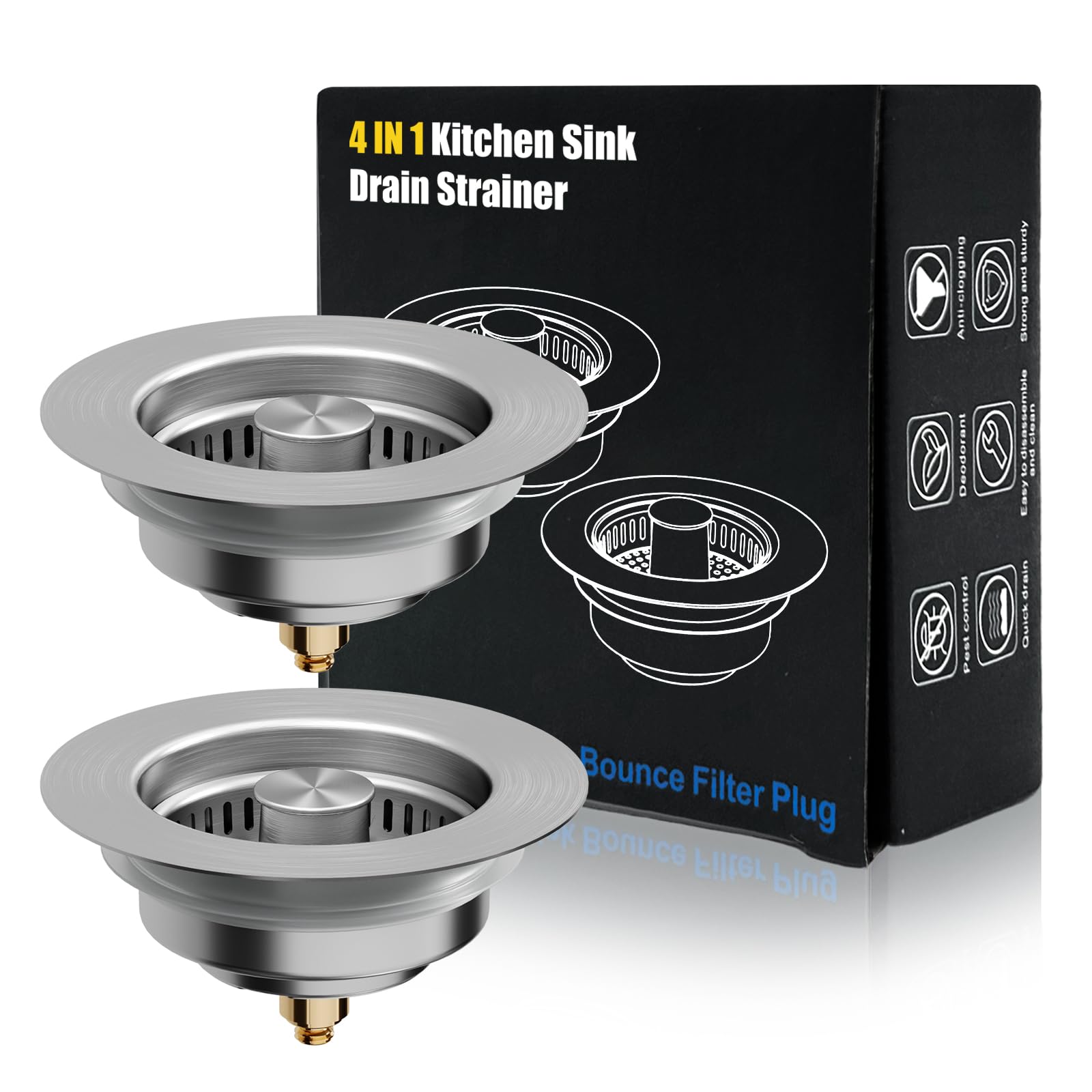 Kitchen Sink Drain Strainer, 4 In 1 All Stainless Steel Sink Strainer, Pop Up Anti-Clogging Sink Stopper, Sink Strainer With Cop