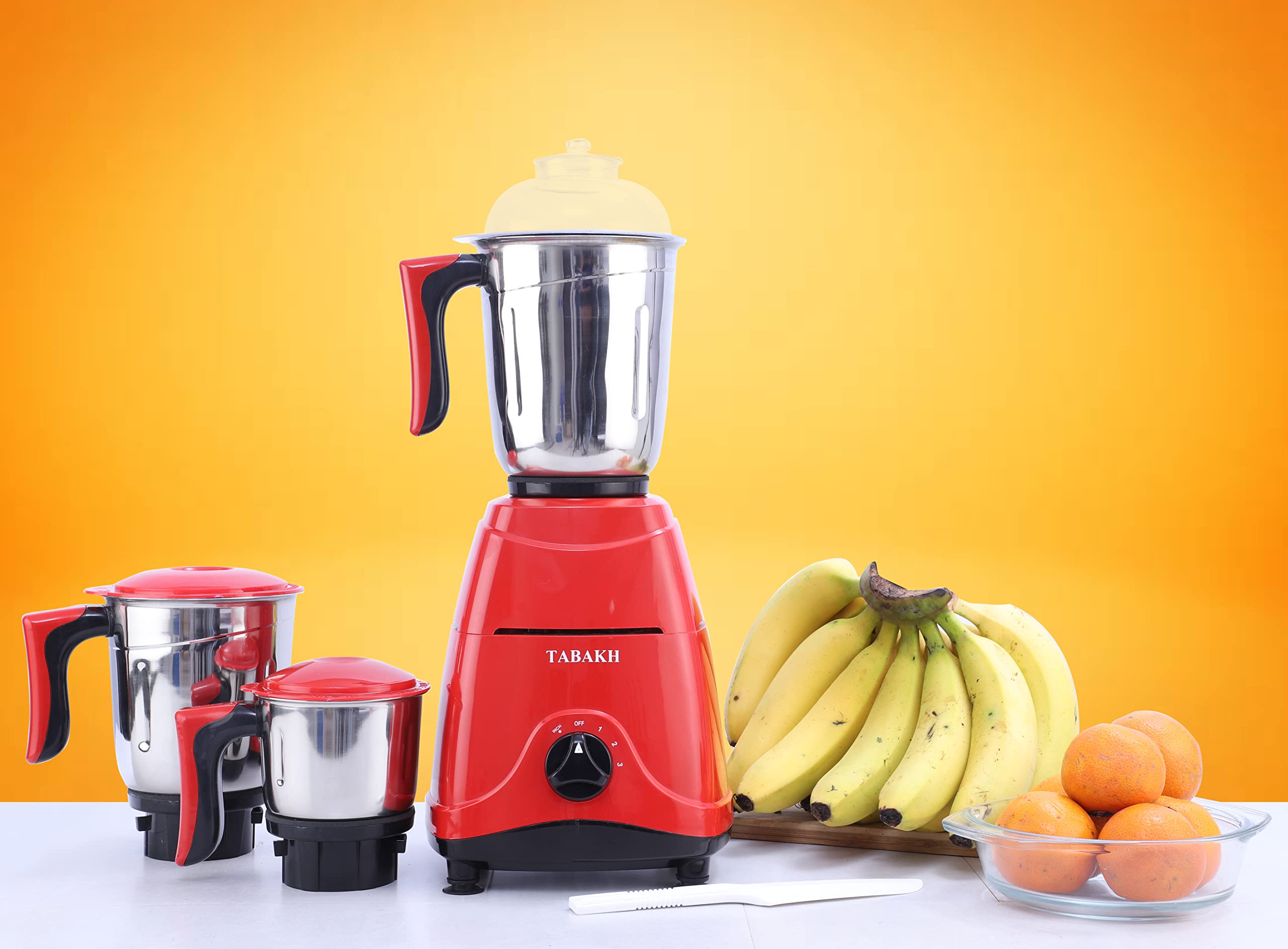 Tabakh Indian Mixer Grinder | 3 Stainless Steel Jars | 650 Watts | 110-Volts | Red