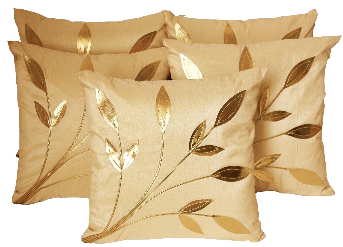 Urvaan Silk Golden Floral Cushion Covers, 16X16 Inch, Cream Beige, Set Of 5