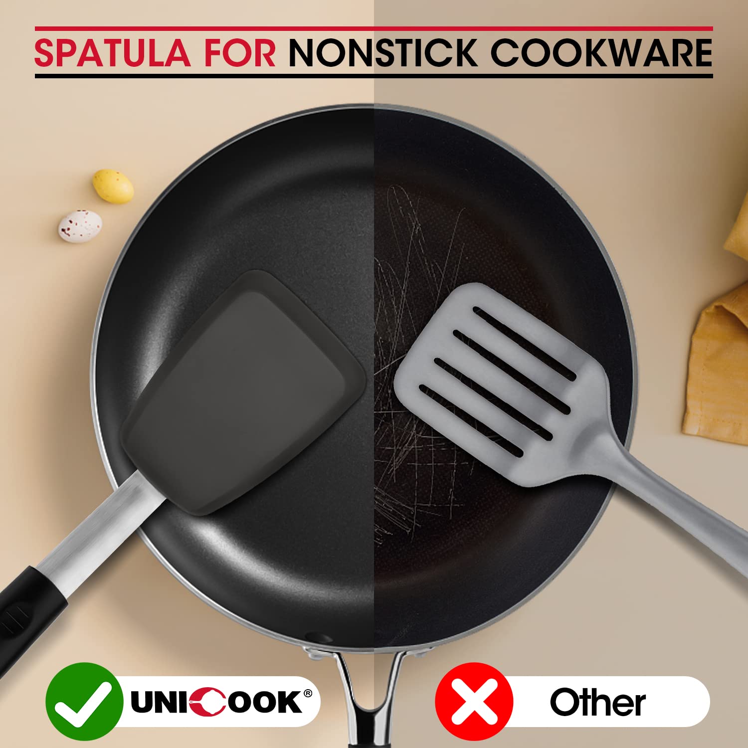Unicook Flexible Silicone Spatula, 600F Heat Resistant Silicone Turner For Nonstick Cookware, Essential Kitchen Cooking Utensil,