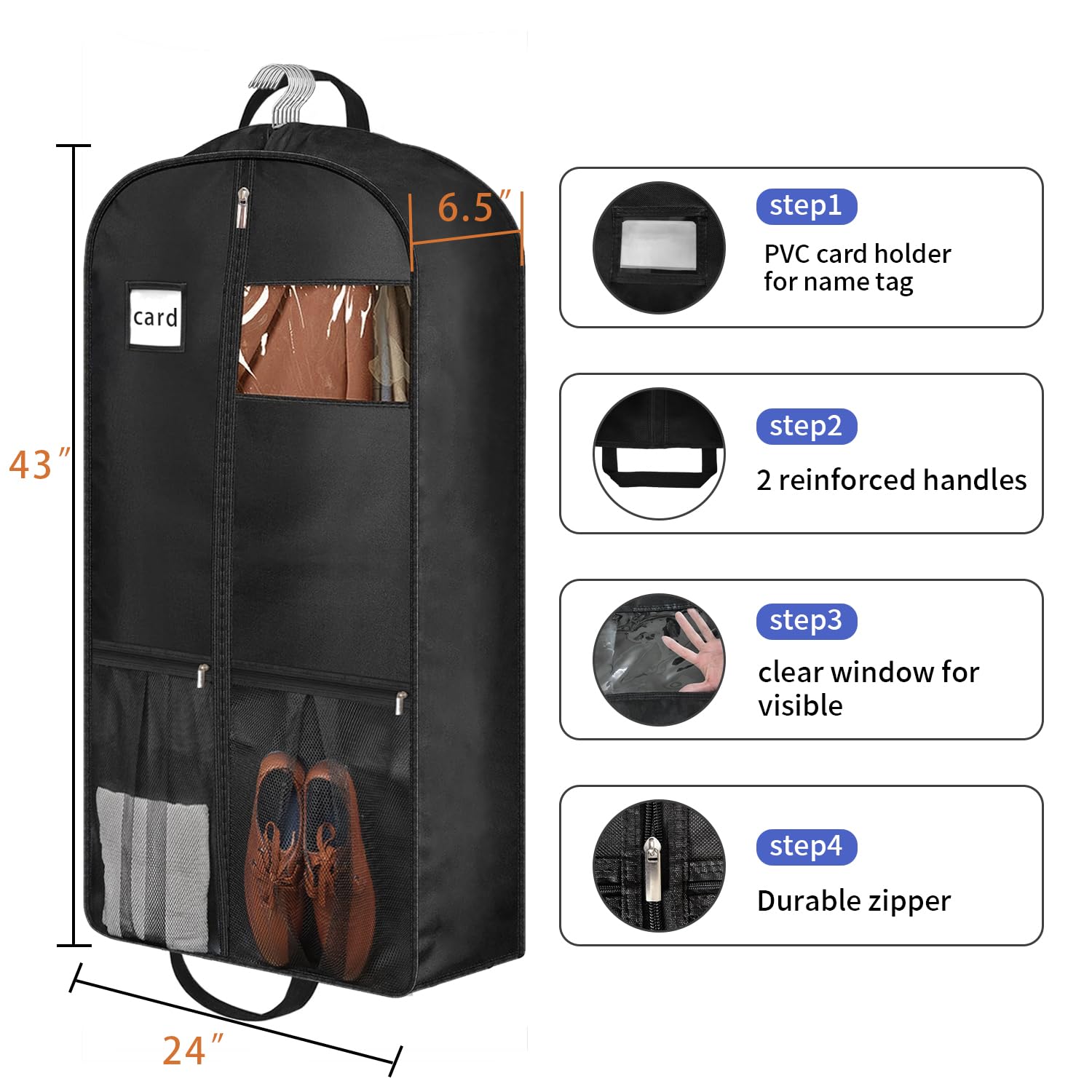 Bh7Star 43'' Heavy Duty Garment Bags For Travel 6.5'' Gusseted Suit Bags For Closet Storage 2 Handles Hanging Clothes Bag With P