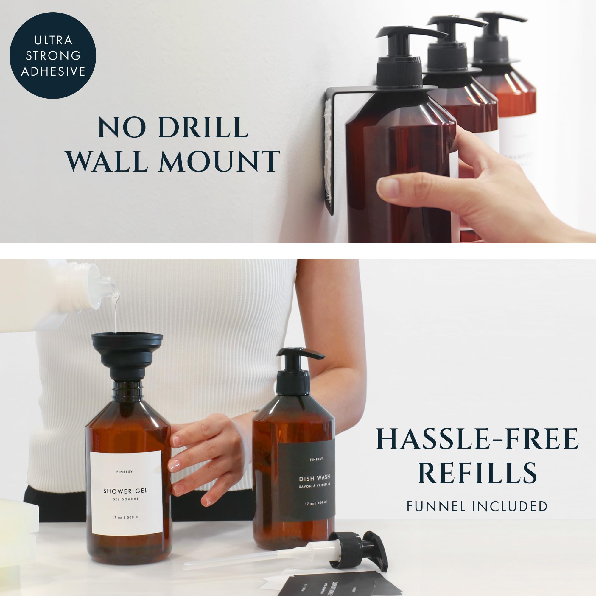 Finessy Refillable Shampoo And Conditioner Dispenser Wall Bottles With Pump, Bathroom Body Wash Soap And Shampoo Dispenser For S