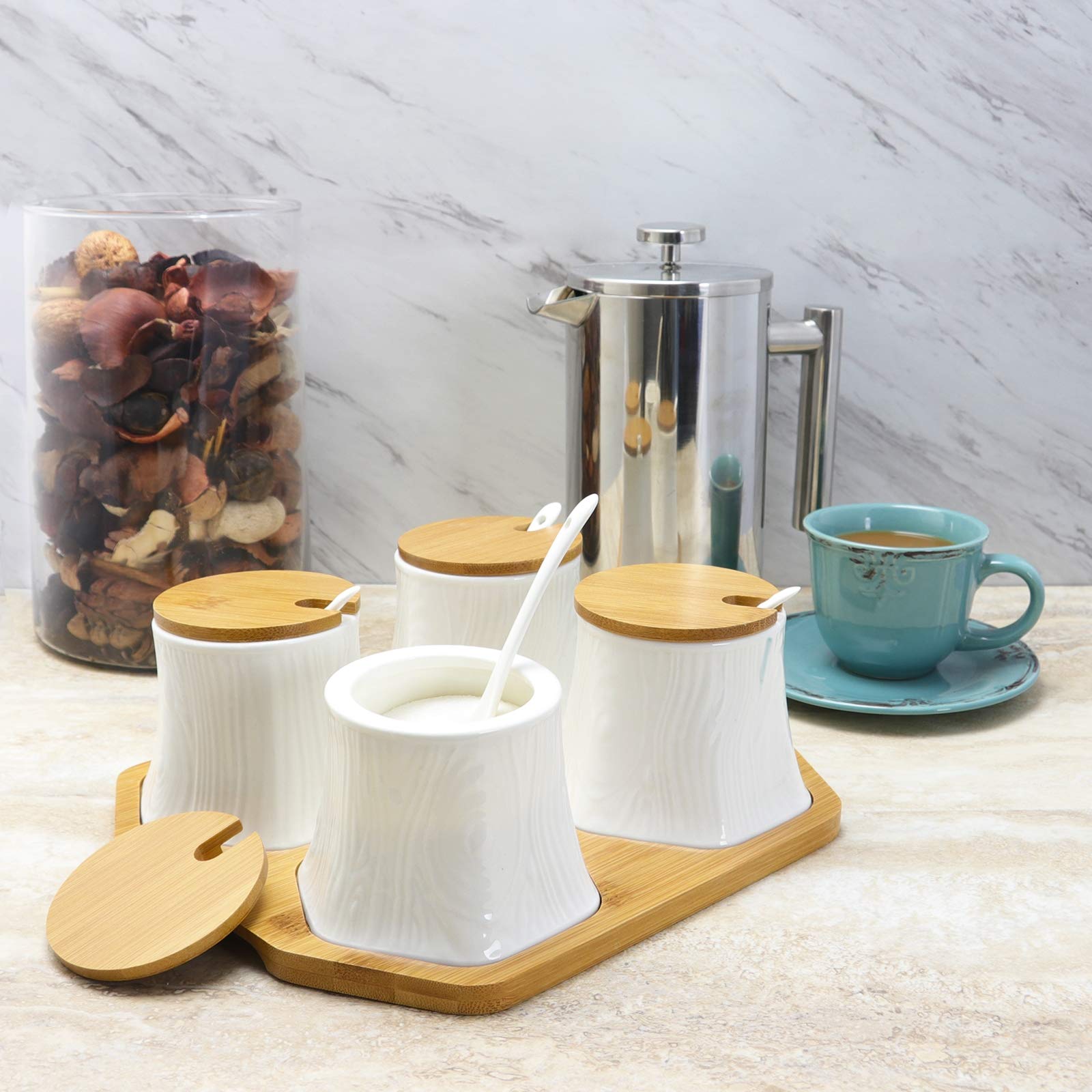 Elama Spice, Jam, Salsa, And Seasoning Ceramic Condiment Serving Jars, 13 Piece, Tall Round In White And Natural Bamboo