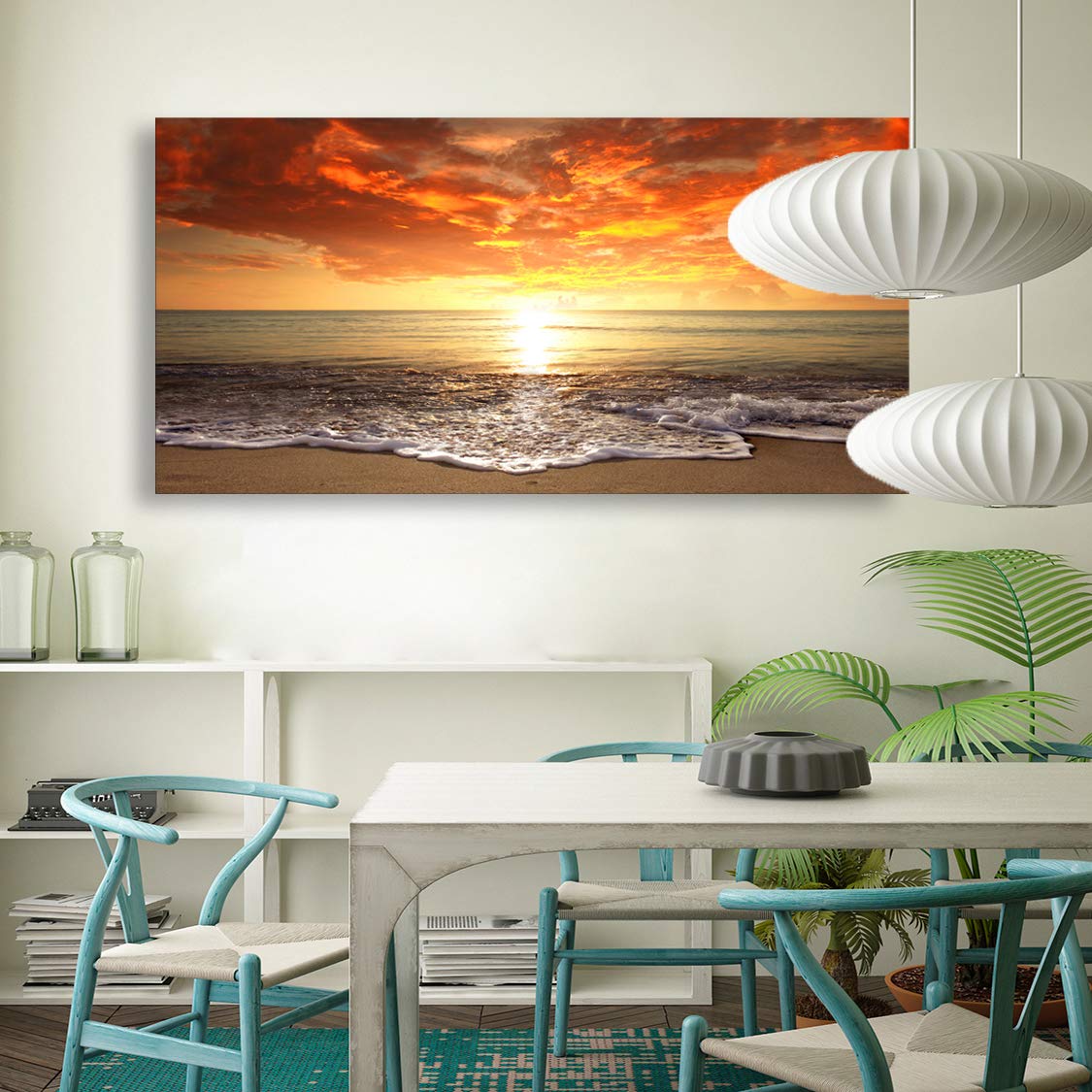 S0162 Canvas Prints Wall Art Sunset Ocean Beach Pictures Photo Paintings for Living Room Bedroom Home Decorations Stretched and Framed Seascape Waves Landscape Giclee Artwork 30x60inch