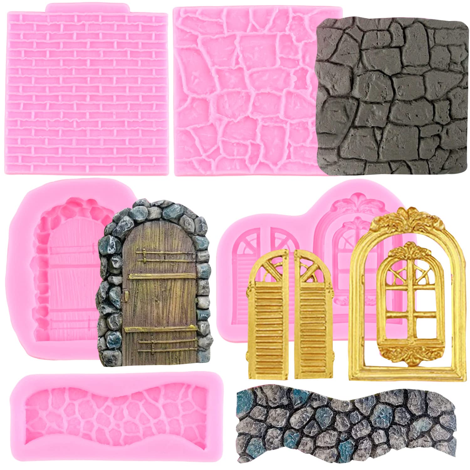 Miyahouse Enchanted Vintage Fairy Garden Brick Wall Texture Silicone Molds Stone Texture Door Stone Path Fondant Molds Window Do