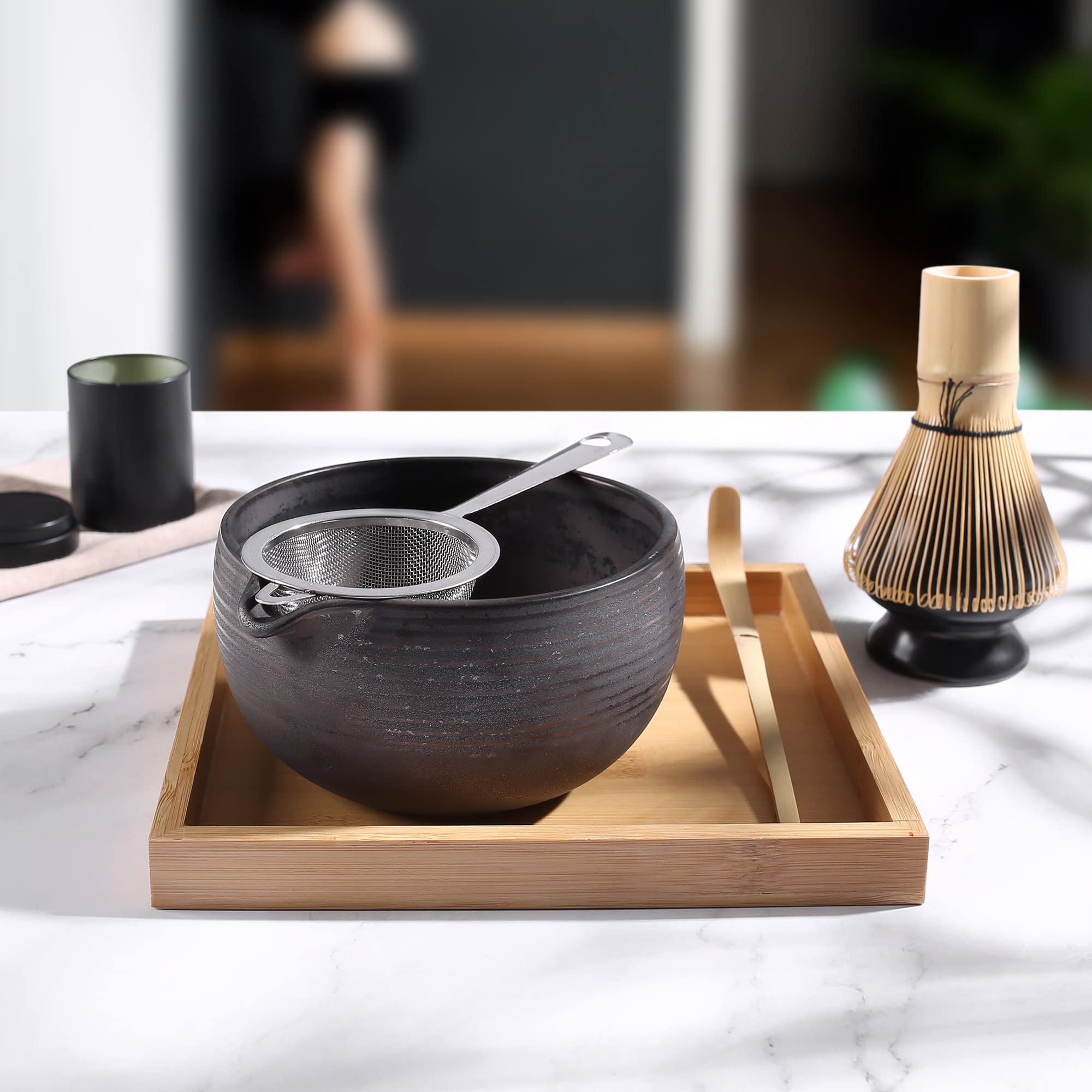 Zenrc Traditional Matcha Bowl With Pouring Spout And Whisk Holder (Reshaper) - Retro Matcha Green Tea Chawan Kit- 22Oz Big Salad