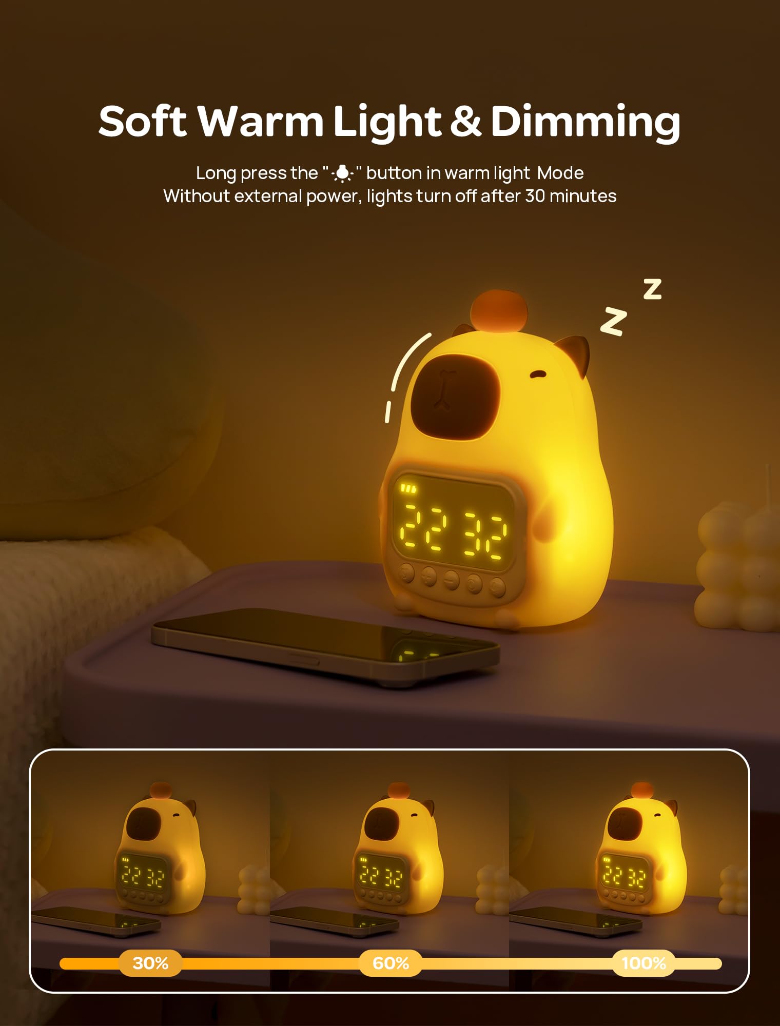 MASHI Capybara Alarm Clock with Night Light, ok to Wake Clock for Kids, Christmas Kids Alarm Clock, Snooze, Toddler Sleep Traini
