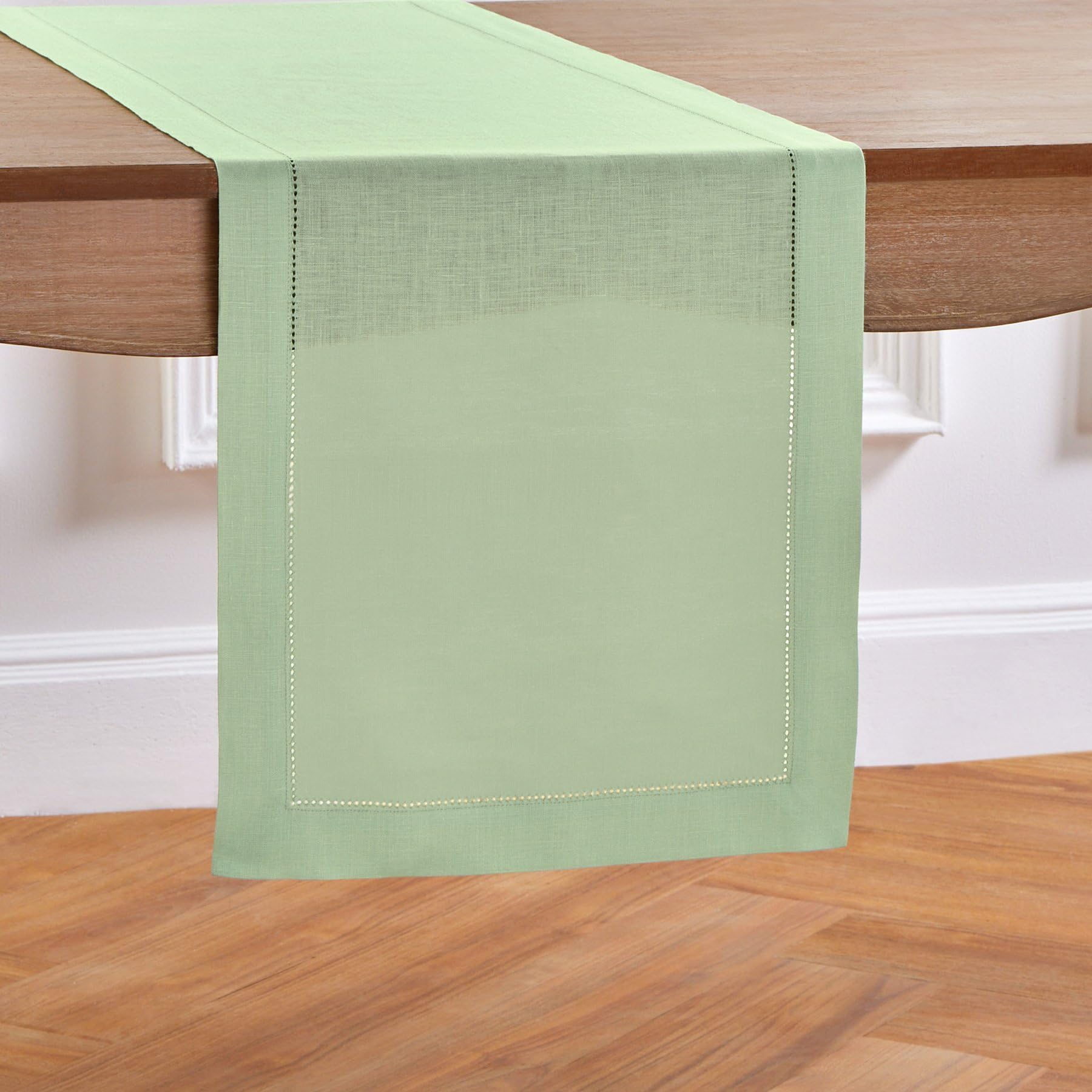 Solino Home Linen Light Green Table Runner 108 Inches Long - 100% Pure Linen Classic Hemstitch Dining Table Runner 14 X 108 Inch