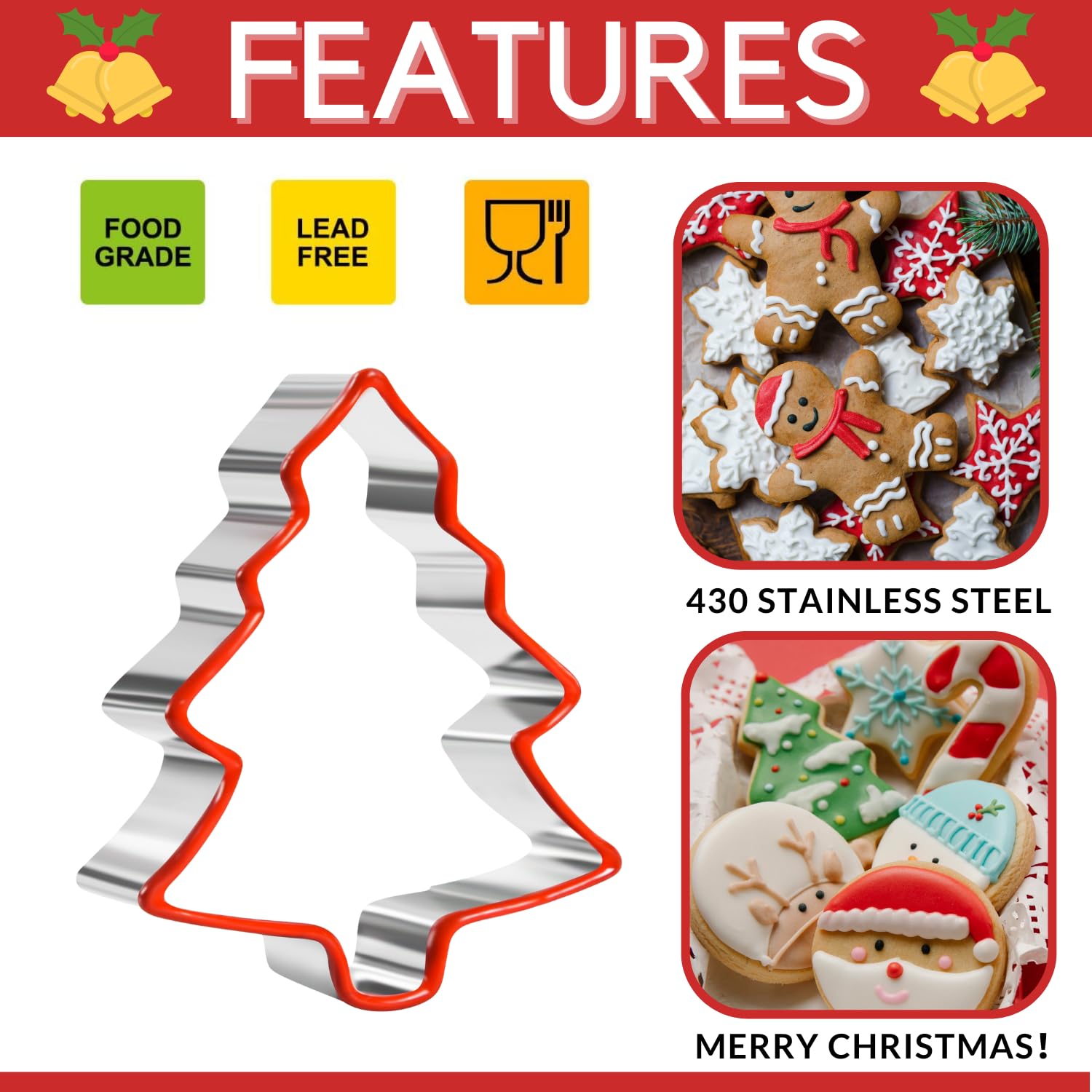 Crethinkaty 3 PCS Christmas Cookie Cutter Set,Gingerbread Man,Snowflake,Christmas Tree Shape with Soft PVC Edge Xmas Cookie Cutt
