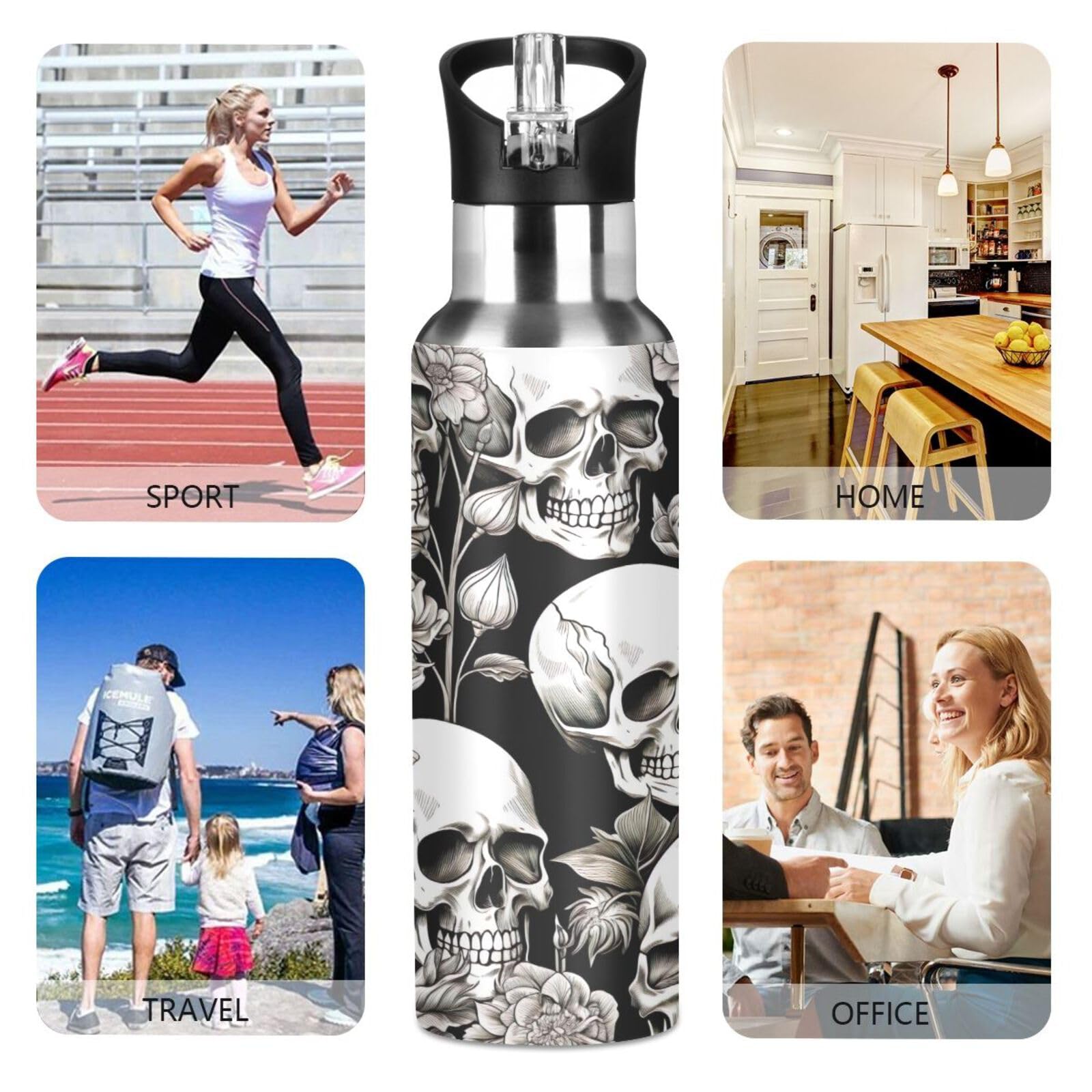 Wellday Water Bottle White Skull Double Wall Vacuum Insulated Flask Stainless Steel With Straw Lid 20Oz