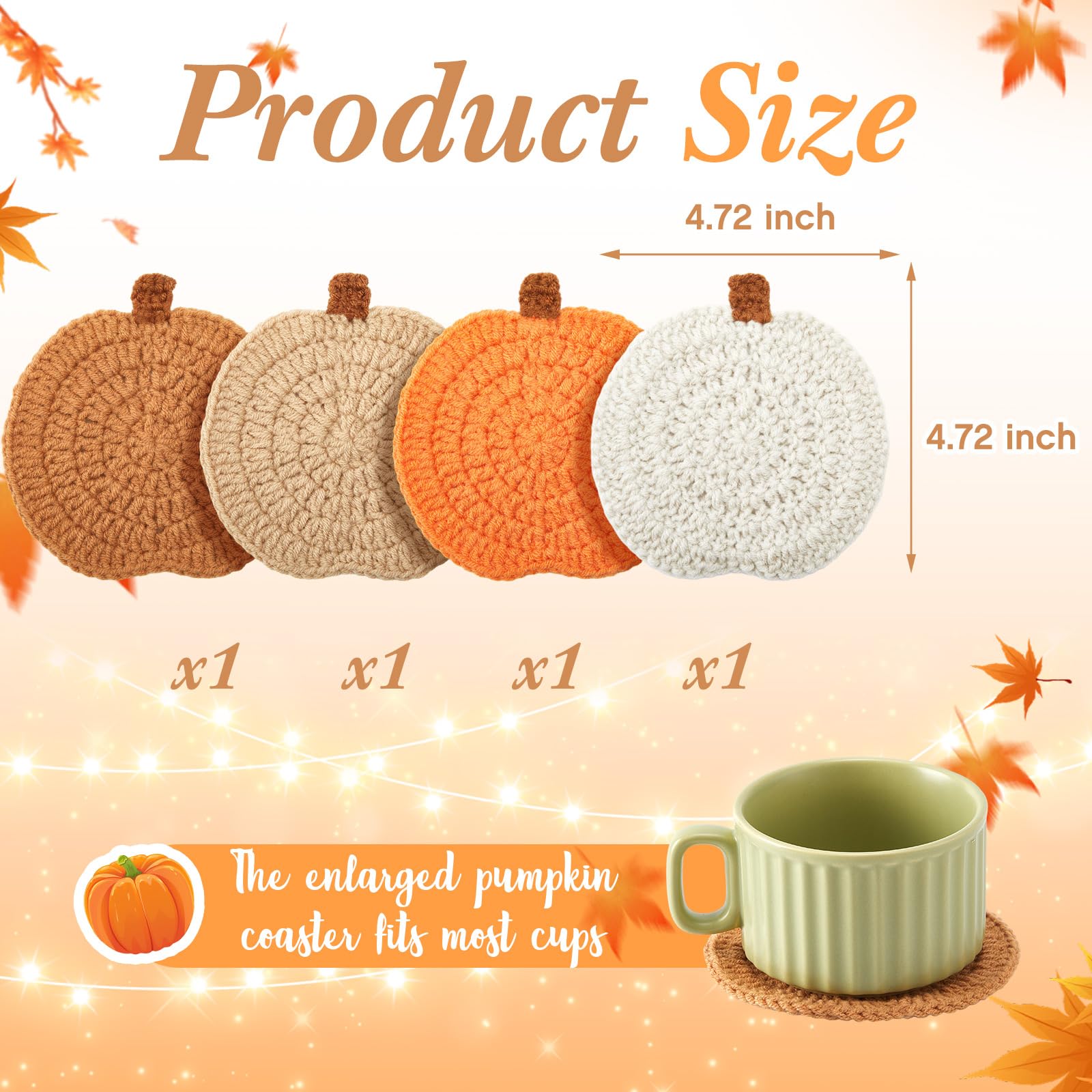 Hushee 4 Pcs Fall Coasters Crochet Thanksgiving Pumpkin Coaster 4.72 Inch Orange Home Decor Handmade Woven Pumpkin Drink Cup Pad