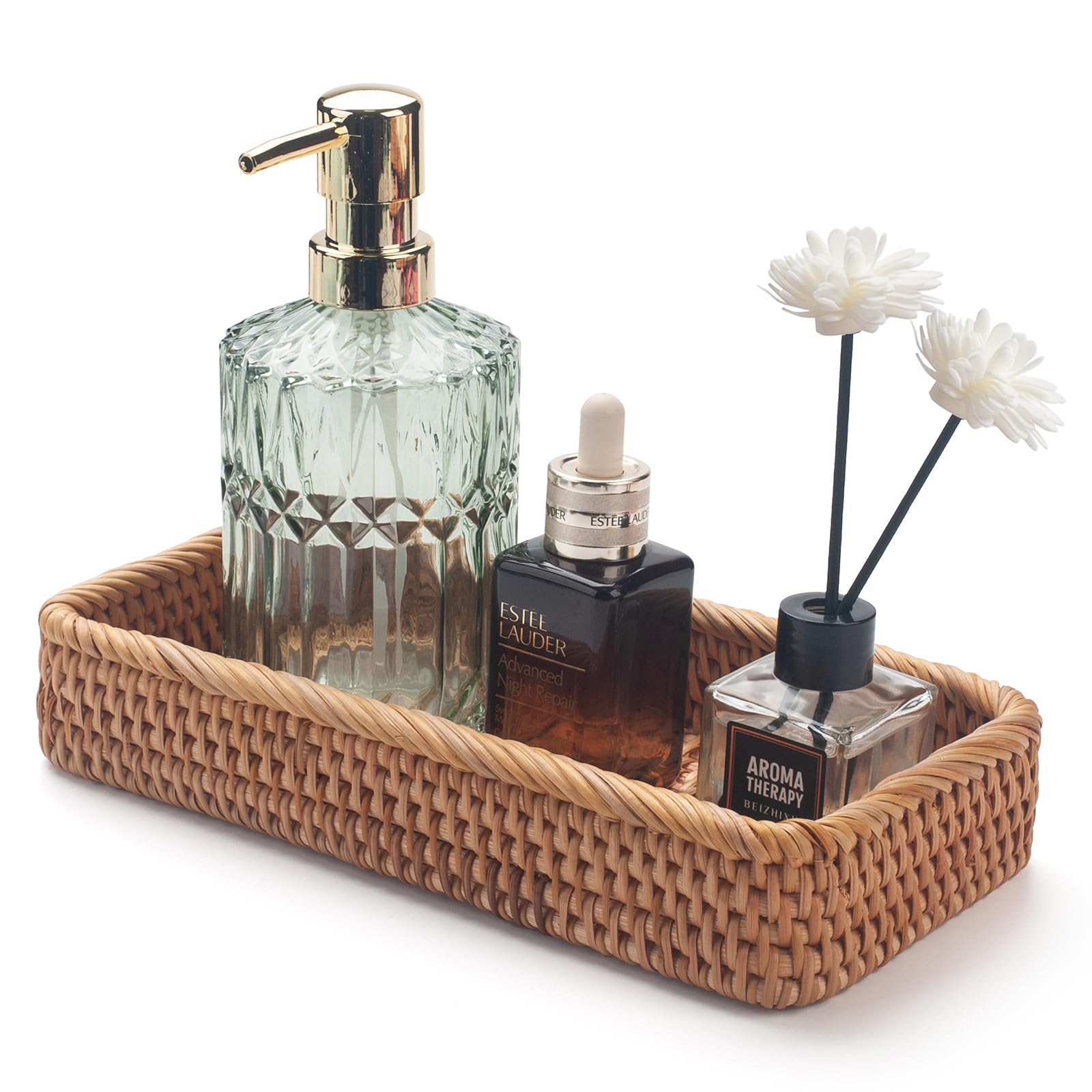 Rattan Bathroom Vanity Tray, Toilet Tank Tray, Toilet Basket Tank Topper, Bathroom Basket for Organizing and Decor (Natural, 10.