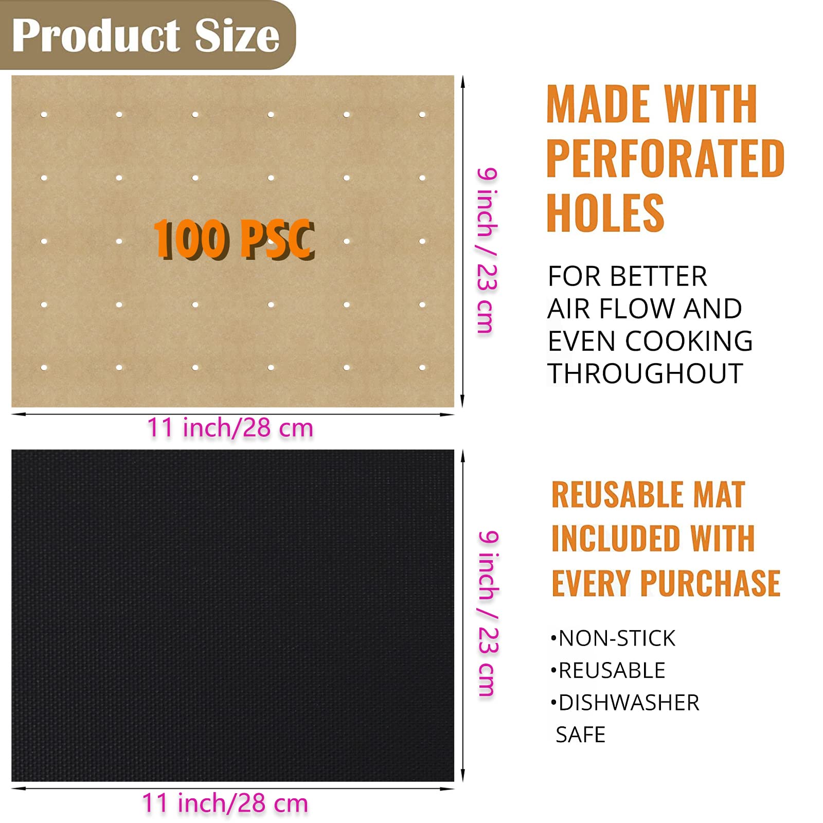 Wmkgg 100 Pcs Unbleached Air Fryer Parchment Paper, 11 X 9 Inch Perforated Rectangular Air Fryer Toaster Oven Disposable Liners