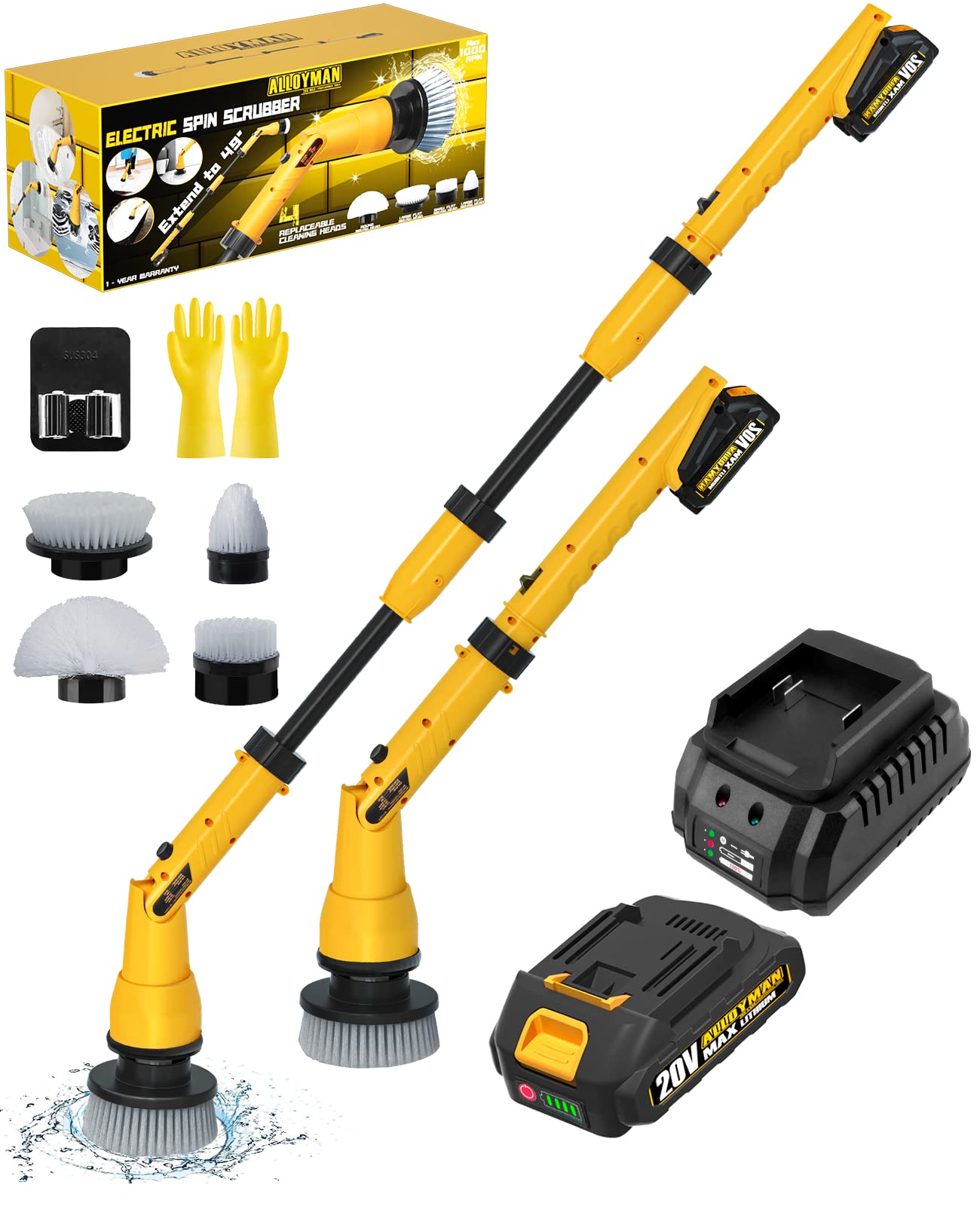 1000Rpm Electric Spin Scrubber, 20V Cordless Cleaning Brush With Adjustable Extension Arm, 4 Replaceable Cleaning Heads, Hook An