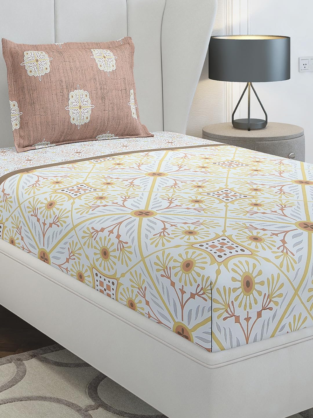 Monte Carlo Beige Printed Single 144 Tc 1 Bedsheet With 1 Pillow Cover 1