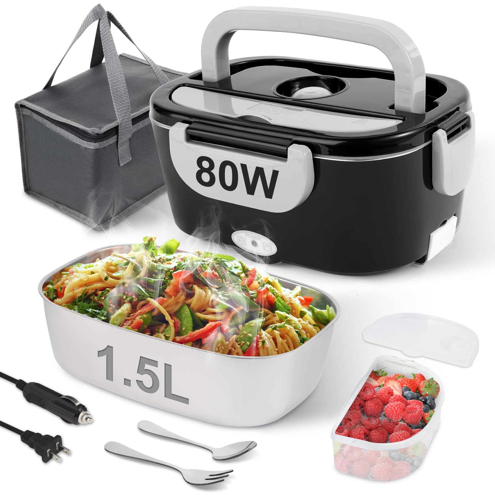 NestDin 80W Electric Lunch Box for Adults, 1.5L Stainless Steel Food Warmer Lunchbox, 12V/24V/110V Portable Heated Lunch Box for