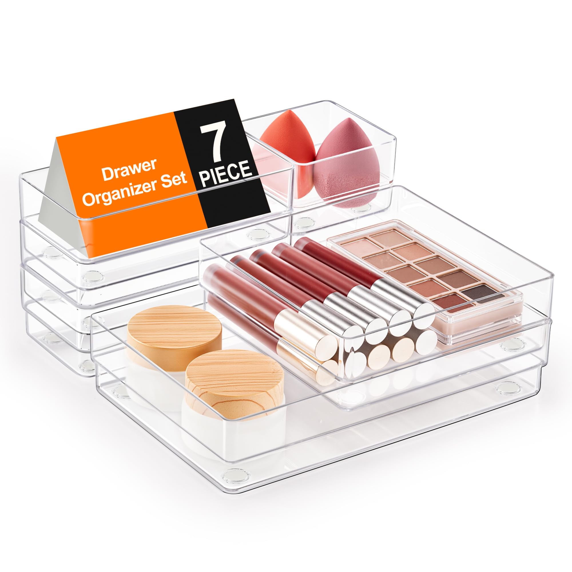 SMARTAKE 7-Piece Drawer Organizer with Non-Slip Silicone Pads, 4-Size Desk Drawer Organizer Trays Storage Tray for Makeup, Jewel