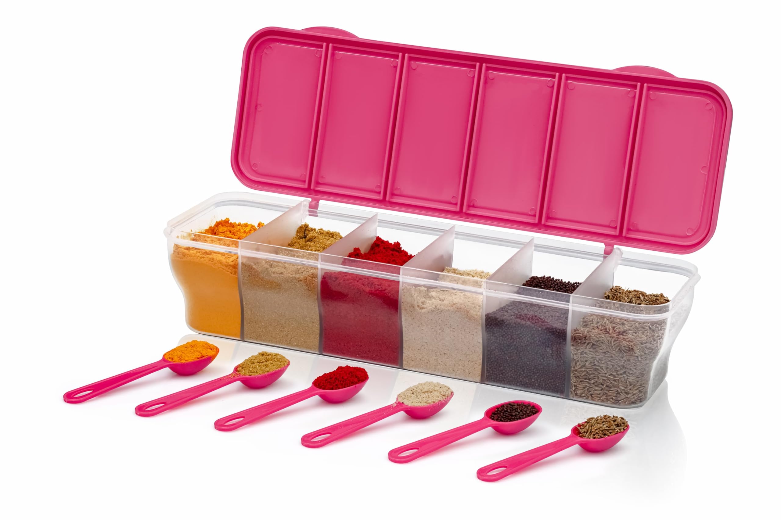 Rilion Multipurpose 6In1 Masala Box For Kitchen| Airtight BpaFree Plastic 6 Section Storage Container With 6 Spoons, 1800 Ml 