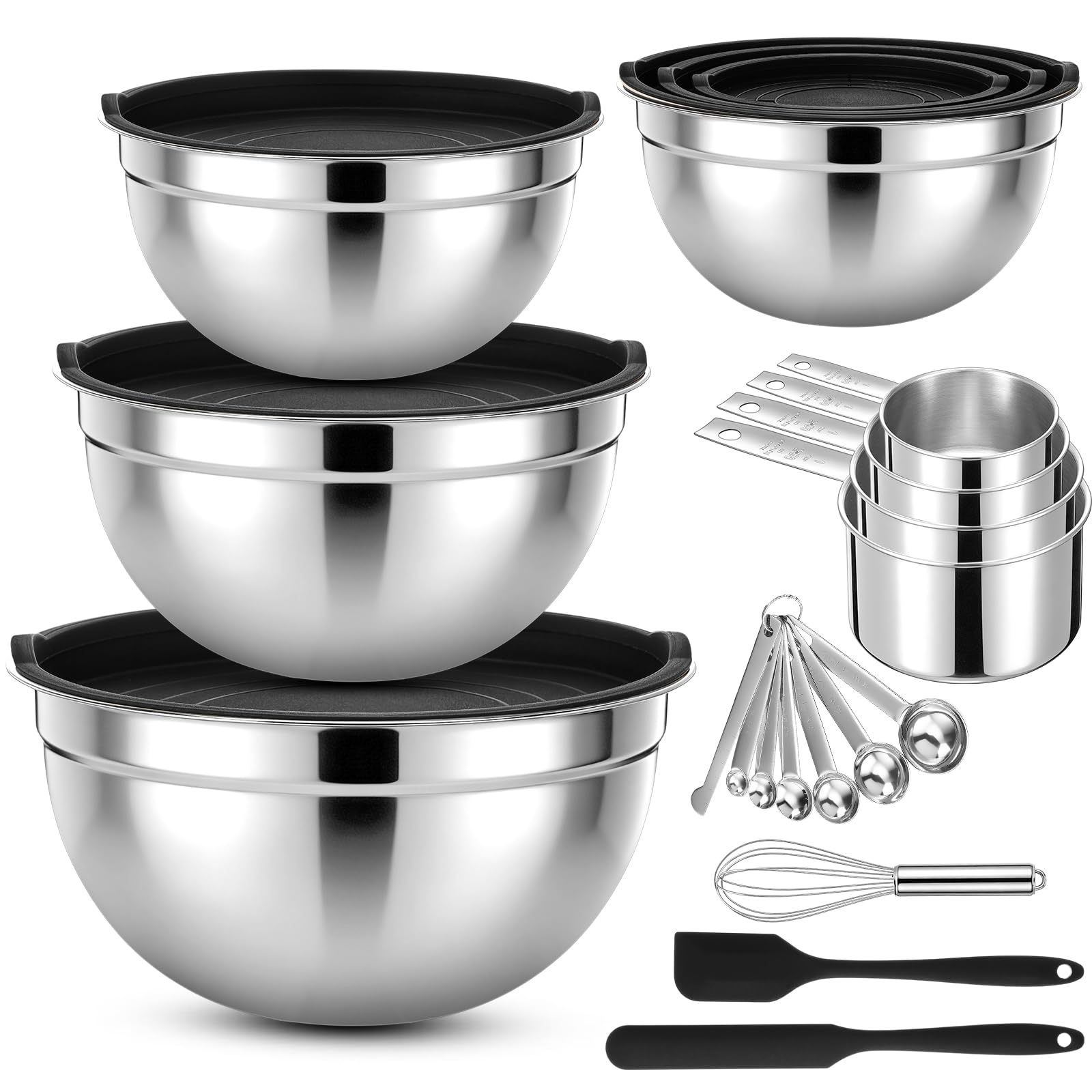 Yiyiring 18 Pack Stainless Steel Mixing Bowls With Lids Set Includes Stainless Steel Measuring Cups And Spoons Whisk Silicone Sp
