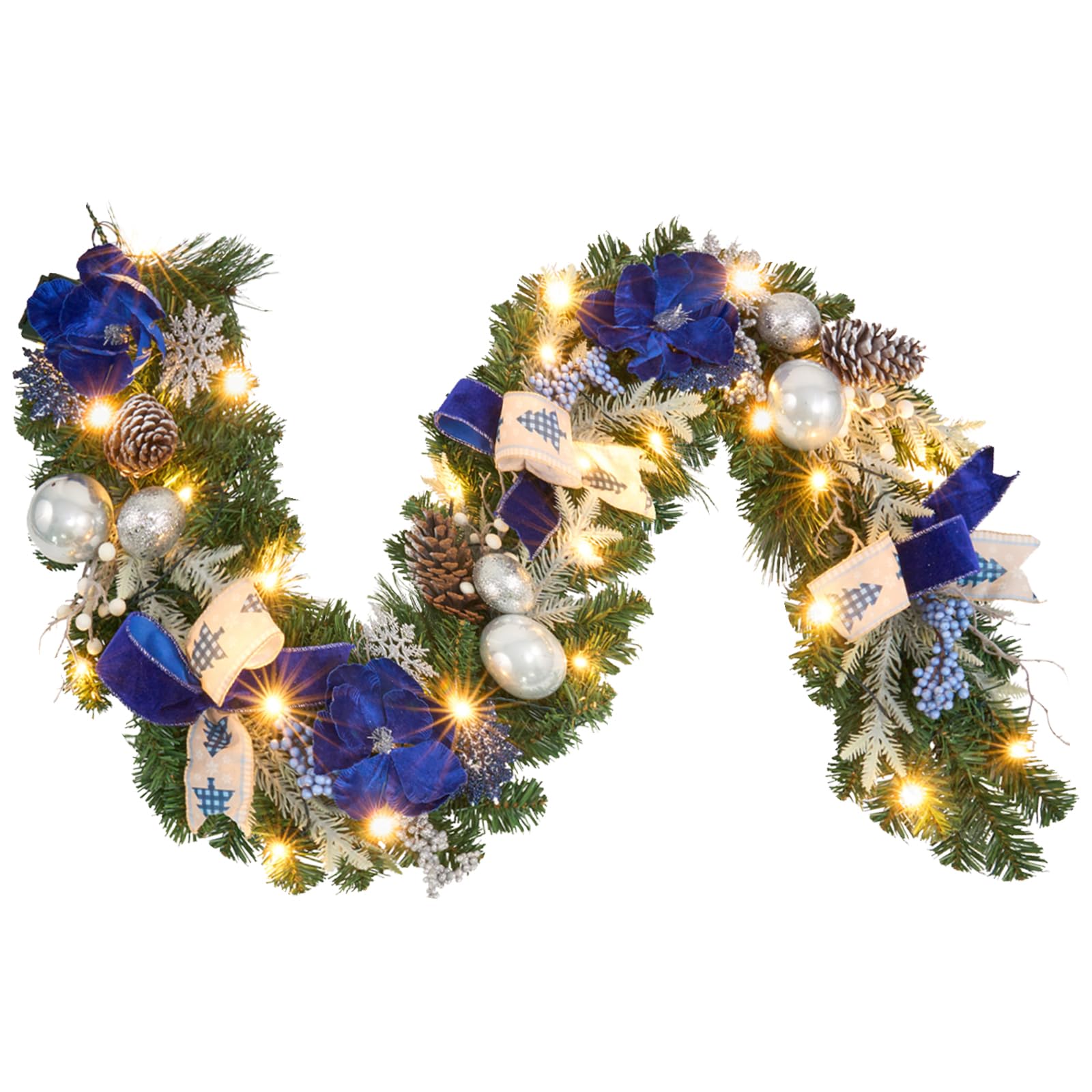Pre-Lit Christmas Garland with Christmas Tree Icon Ribbon and Magnolia, 25 LED Lights with Timer, 6ft Lighted Silver Blue Garlan