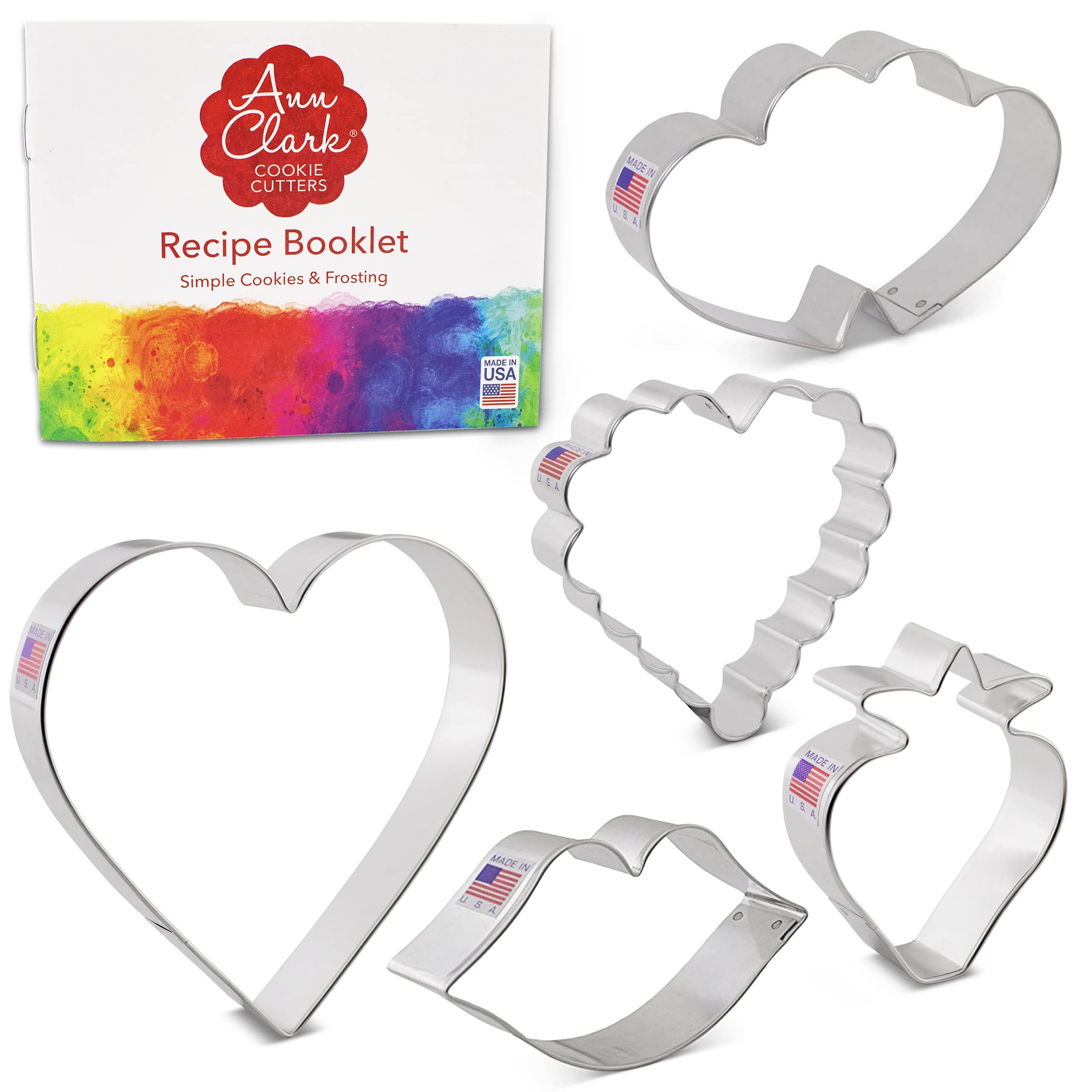 Valentines Day Cookie Cutters 5-Pc. Set Made In Usa By Ann Clark, Heart, Strawberry, Scalloped Heart, Lips, Double Heart