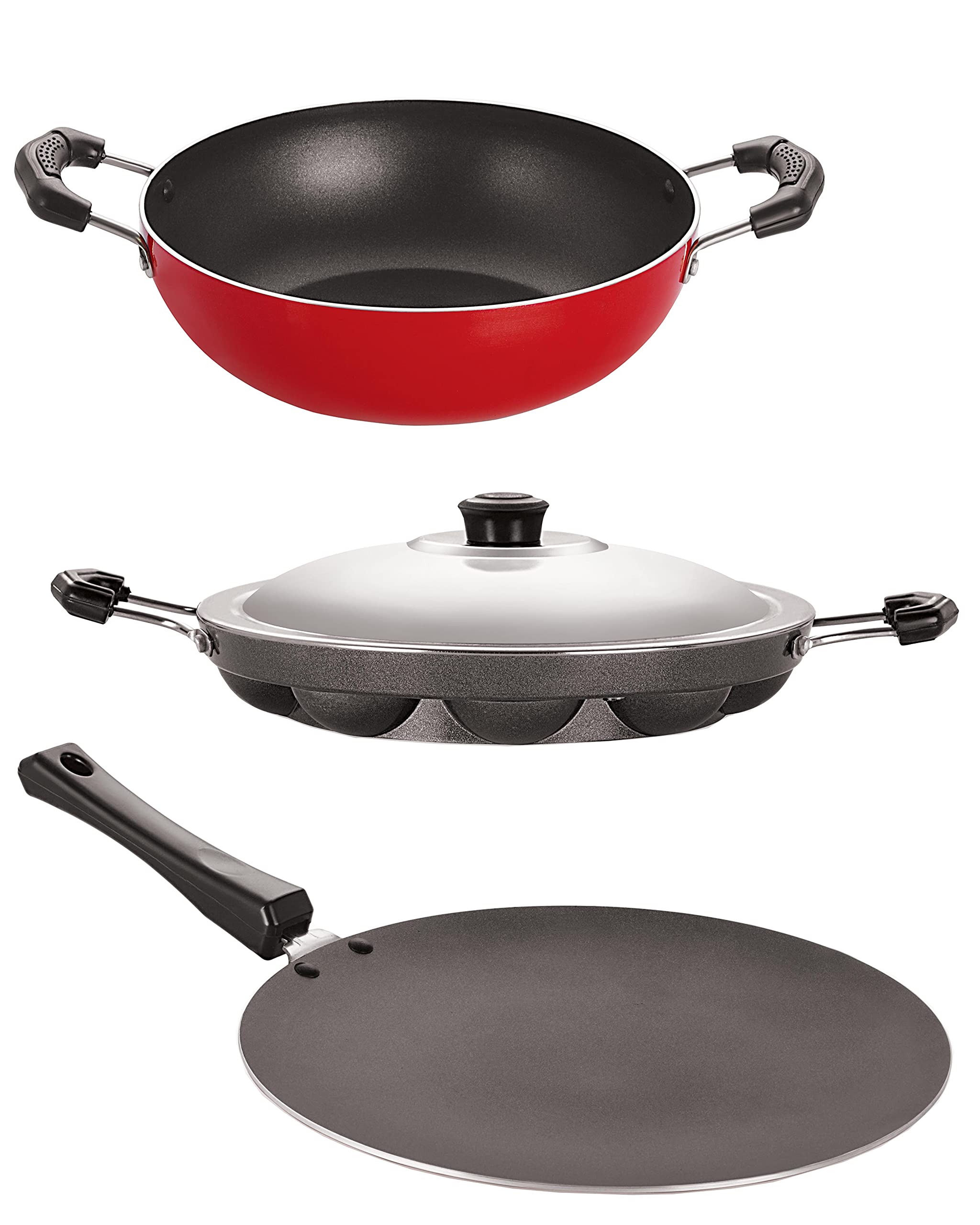 Nirlon Classic Range NonStick Cookware Silver Gift Set 3Pcs  (Roti Tawa, Kadai & Appam Patram) Red/Black (Aluminium)