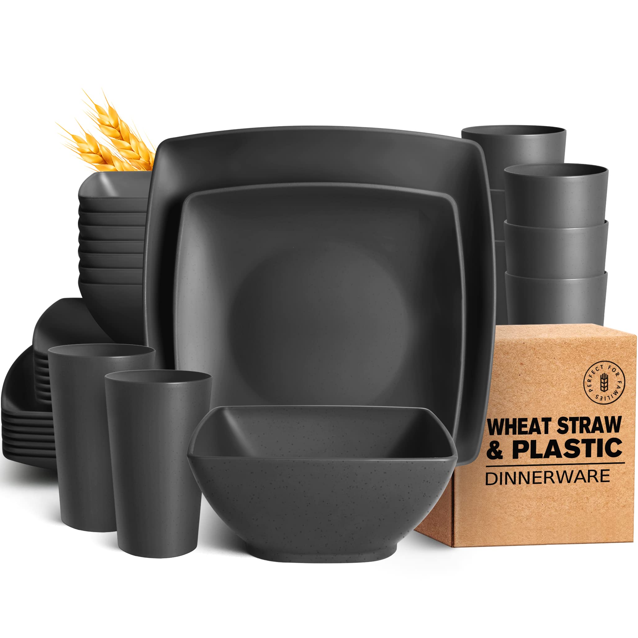 Teivio 32-Piece Plastic Wheat Straw Square Dinnerware Set For 8, Unbreakable Dinner Plates, Salad Plates, Snack Bowls, Tumblers