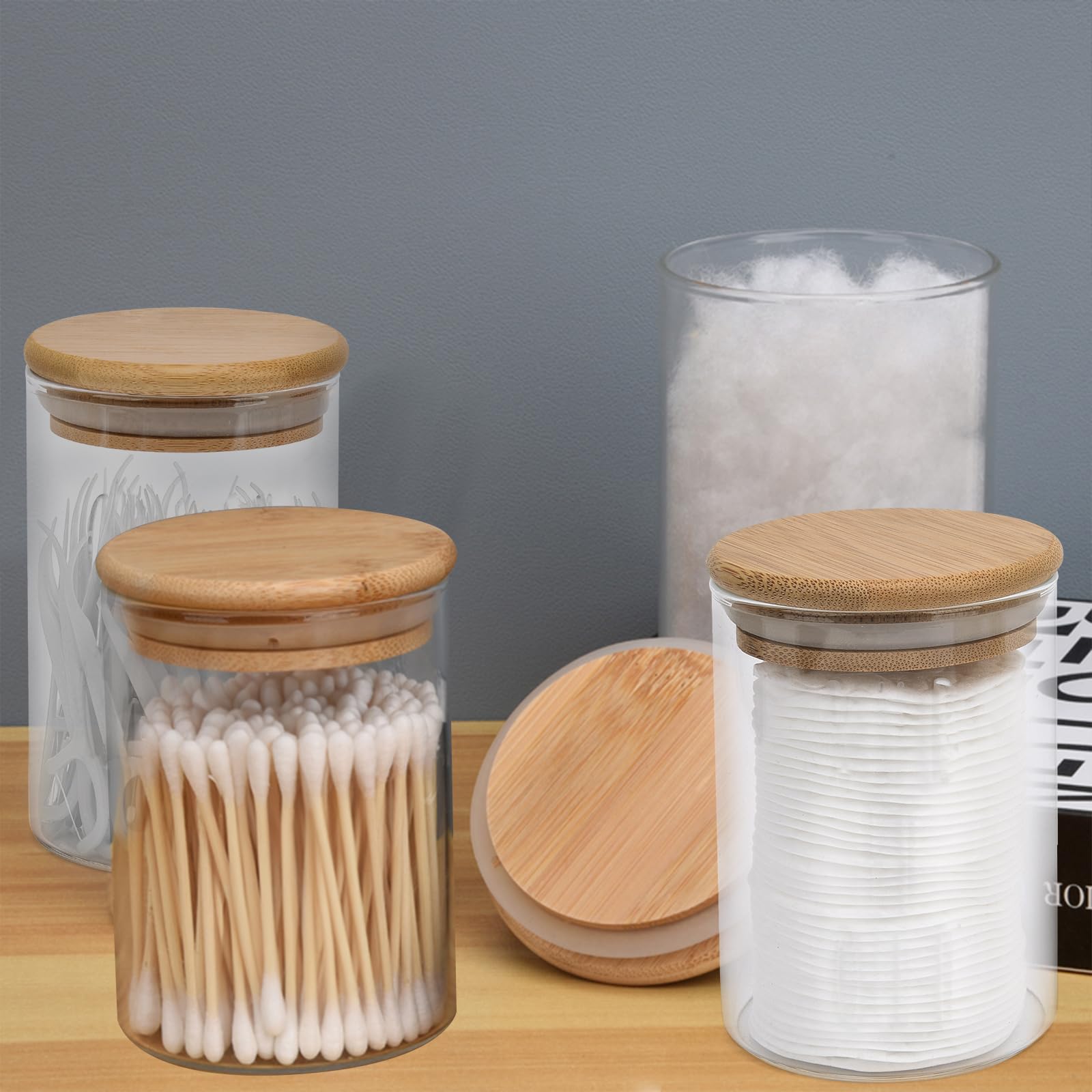 Bkyfpq 4 Pack Glass Qtip Holder Dispenser Apothecary Jars With Lids, Cotton Ball Pad Round Swab Holder For Bathroom Accessories