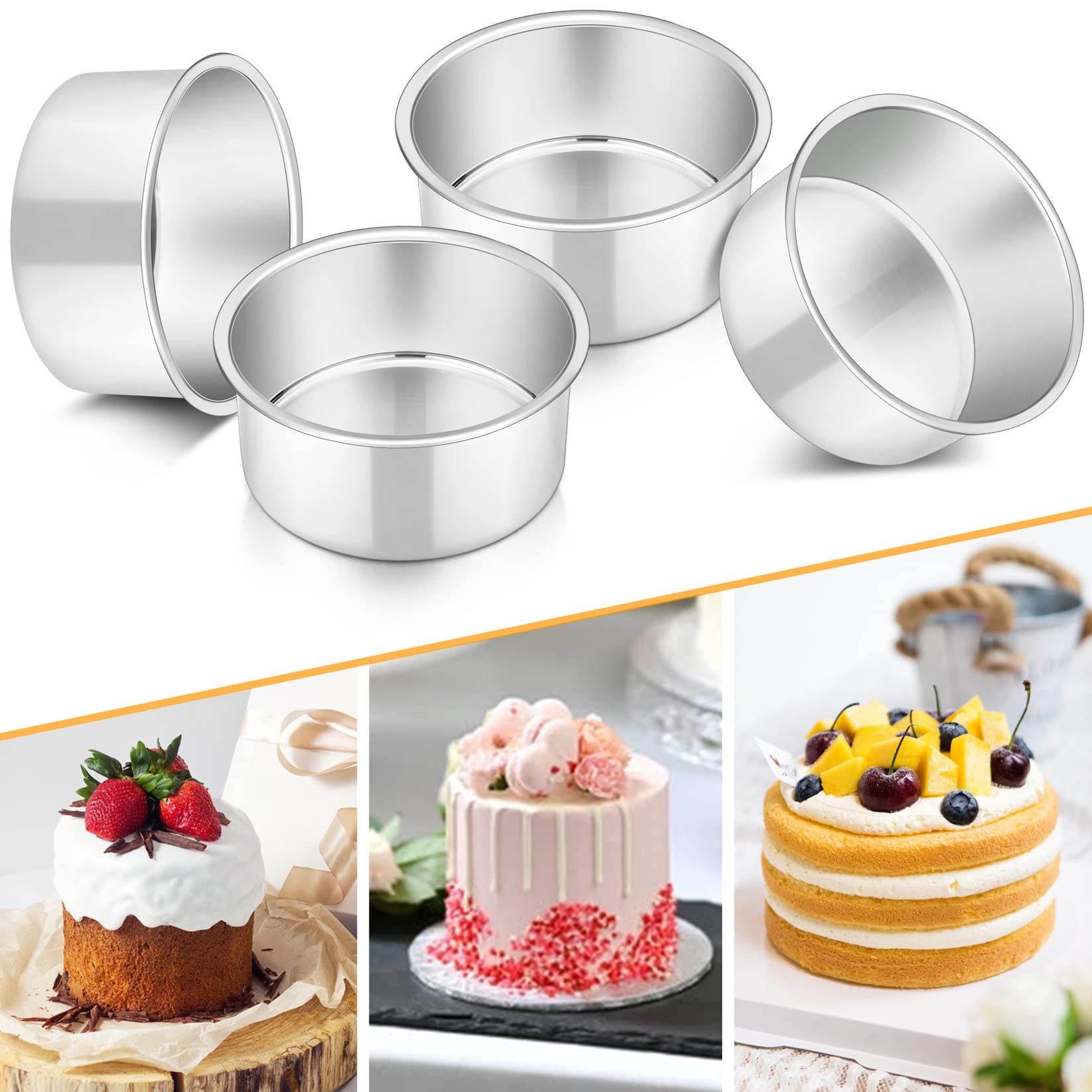 P&P Chef 4 Inch Small Cake Pan Set Of 4, Stainless Steel Baking Round Tins Bakeware For Mini Pizza, Quiche, Non Toxic & Healthy,