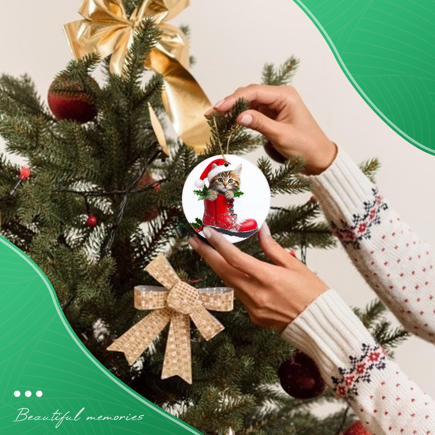 Christmas Ornaments Christmas Home Decor - Cute Cat in A Christmas Boot - Christmas Tree Decoration Ceramic Ornament,Holiday Pre