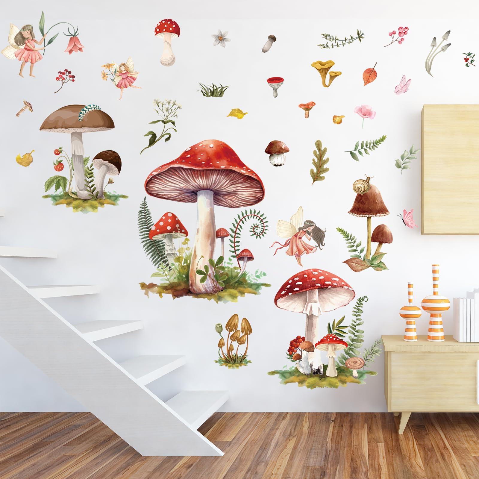 Wxiben Fairy Wall Stickers Decor - Mushroom Wall Decals Flower Wall Sticker Removable Floral Wall Murals Peel And Stick For Girl
