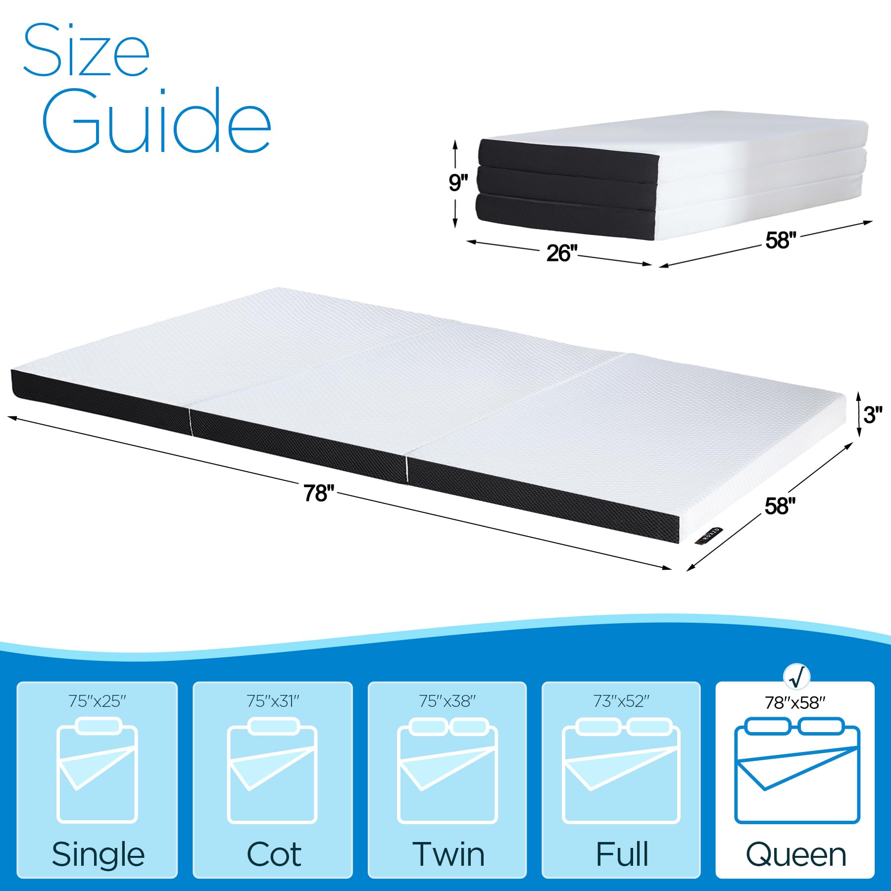 Roxzo Folding Mattress Queen Size, 3 Inch Tri-Fold Memory Foam Mattress Topper With Washable Cover,Foldable Mattress Topper For