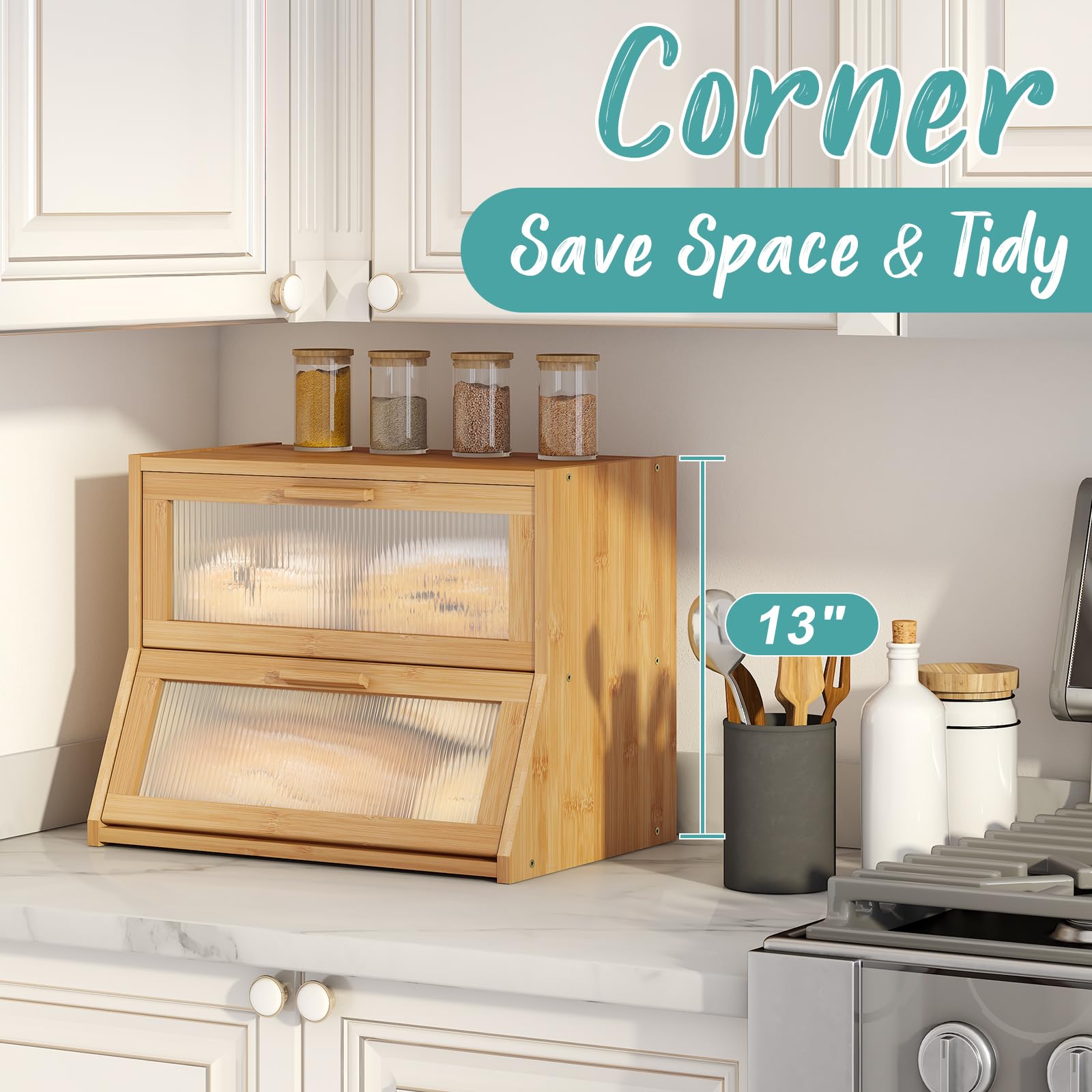 Vriccc Bread Box For Kitchen Counter, Large Bamboo Wooden Double Layer Large Capacity Bread Storage Bin With Acrylic Wavy Door P