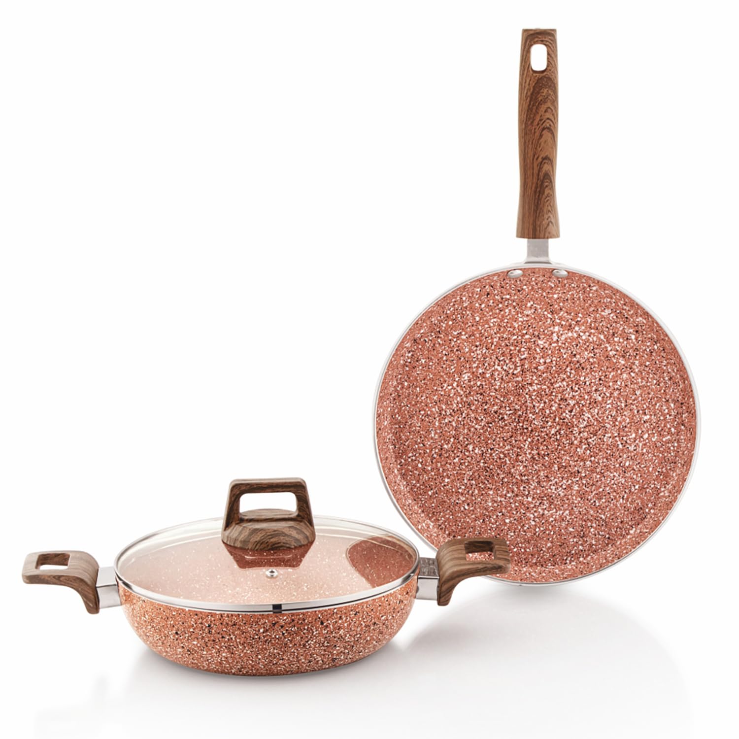 Amazon Basics Granite Finish Aluminium Non-Stick Induction Base Cookware | Set Of 2 | 28Cm Tawa, 24 Cm Kadai | Rust Granito | Ru