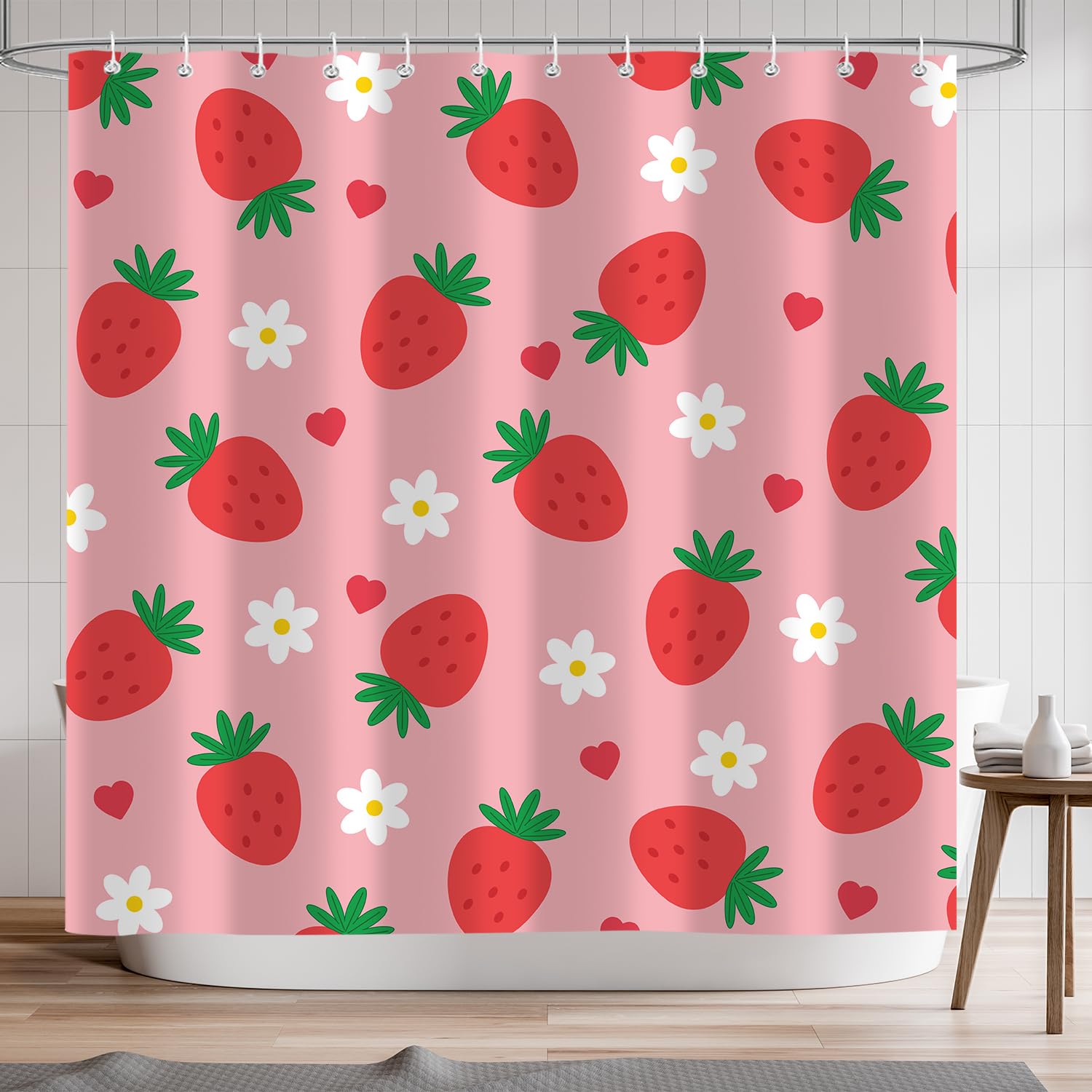 Itapnoom Strawberry Shower Curtain, Pink Lovely Heart Daisy Bath Curtain Decor, For Girl Kid Red Fruit Flora Polyester Fabric Wa