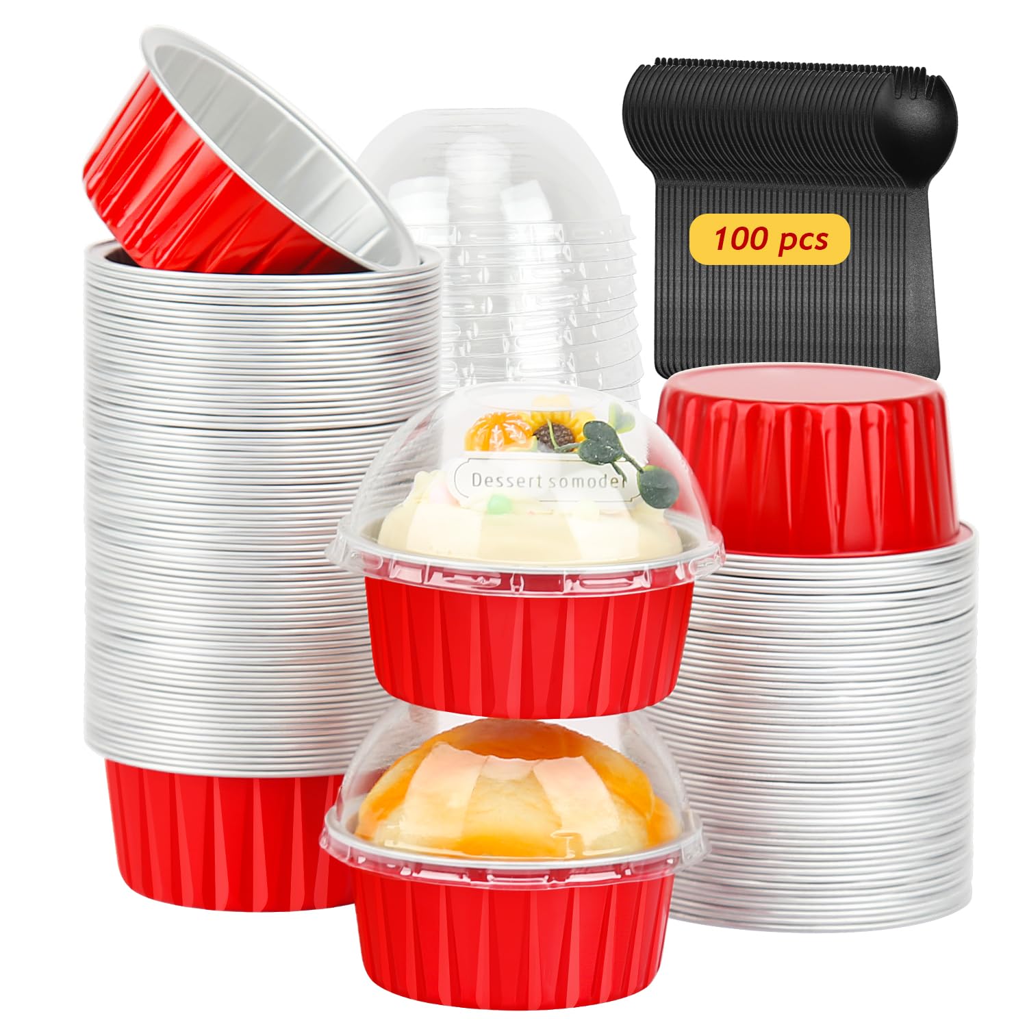 5oz Cupcake Pans Muffin Tins 100 Pack,LNYZQUS Aluminum Foil Mini Cake Baking Cups with Dome Lids,Disposable Ramekins Cupcake Lin