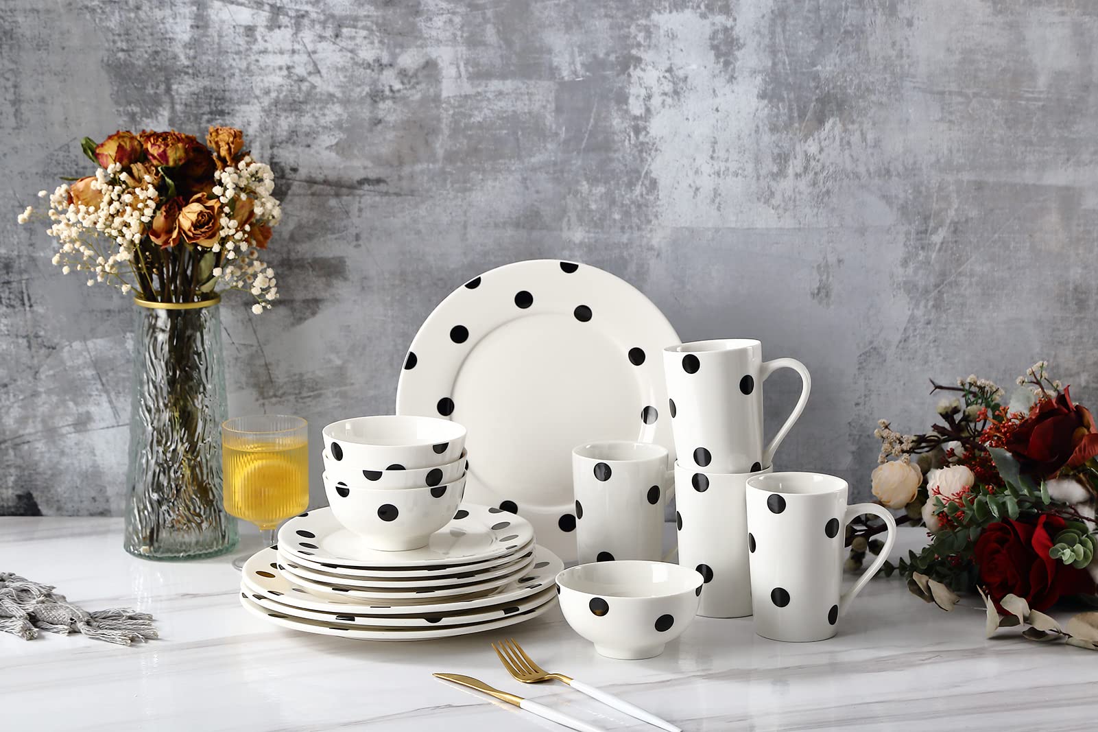 Loymokinar White Porcelain Dinnerware Sets 16-Piece Service for 4,Dishes, Round Plates, Bowls, Mugs Dish Set,Black and White Dis