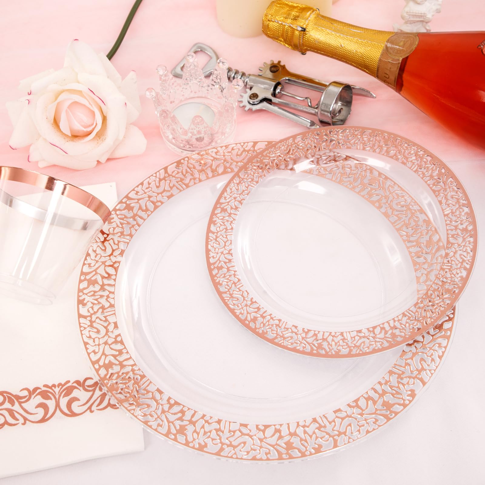 I00000 50 Guests Clear Rose Gold Plastic Plates - Disposable Valentine Plates Includes: 100 Clear Rose Gold Plastic Plates, 150
