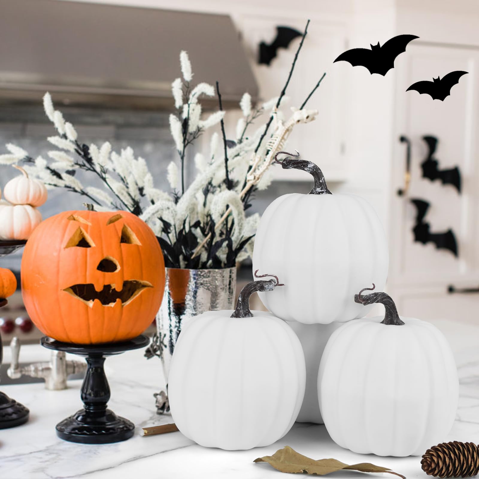 Artmag 6 Inch Large Artificial Pumpkins, 4PCS Big White Faux Foam Harvest Pumpkins for Fall Autumn Thanksgiving Seasonal Holiday