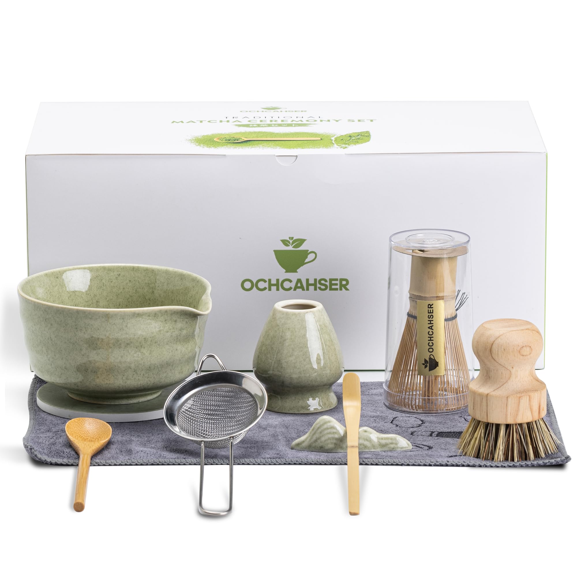 Ochcahser Japanese Matcha Set, Matcha Bowl With Spout And Coaster, Matcha Whisk And Holder, Sifter, Scoop, Spoon, Cleaning Brush