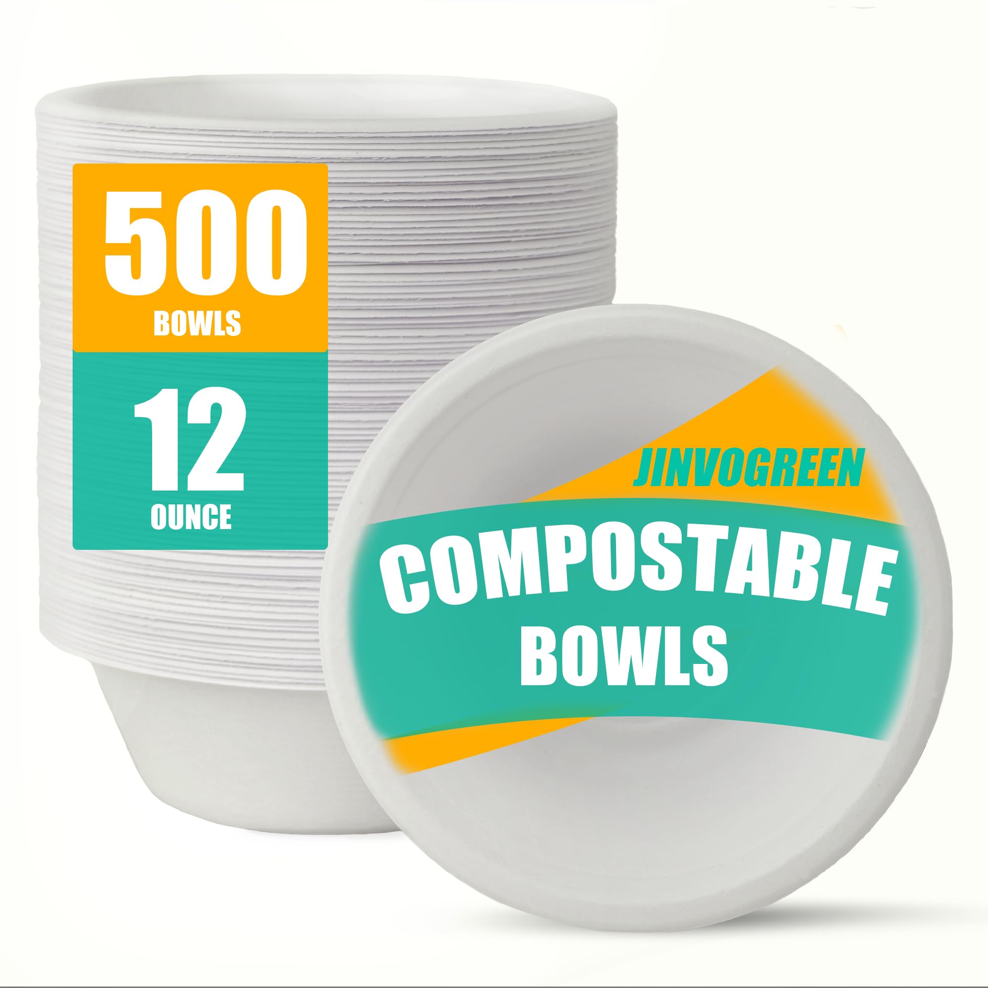 Jinvogreen 500 Count 12 Oz Paper Bowls, Disposable Compostable Bowls Bulk, Heavy Duty Biodegradable Bagasse Bowl For Snacks, Sou