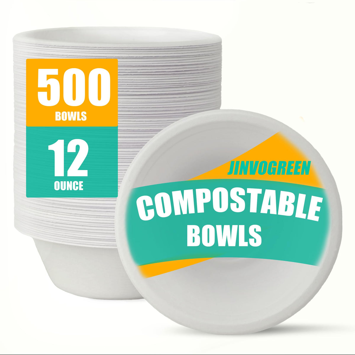 Jinvogreen 500 Count 12 Oz Paper Bowls, Disposable Compostable Bowls Bulk, Heavy Duty Biodegradable Bagasse Bowl For Snacks, Sou