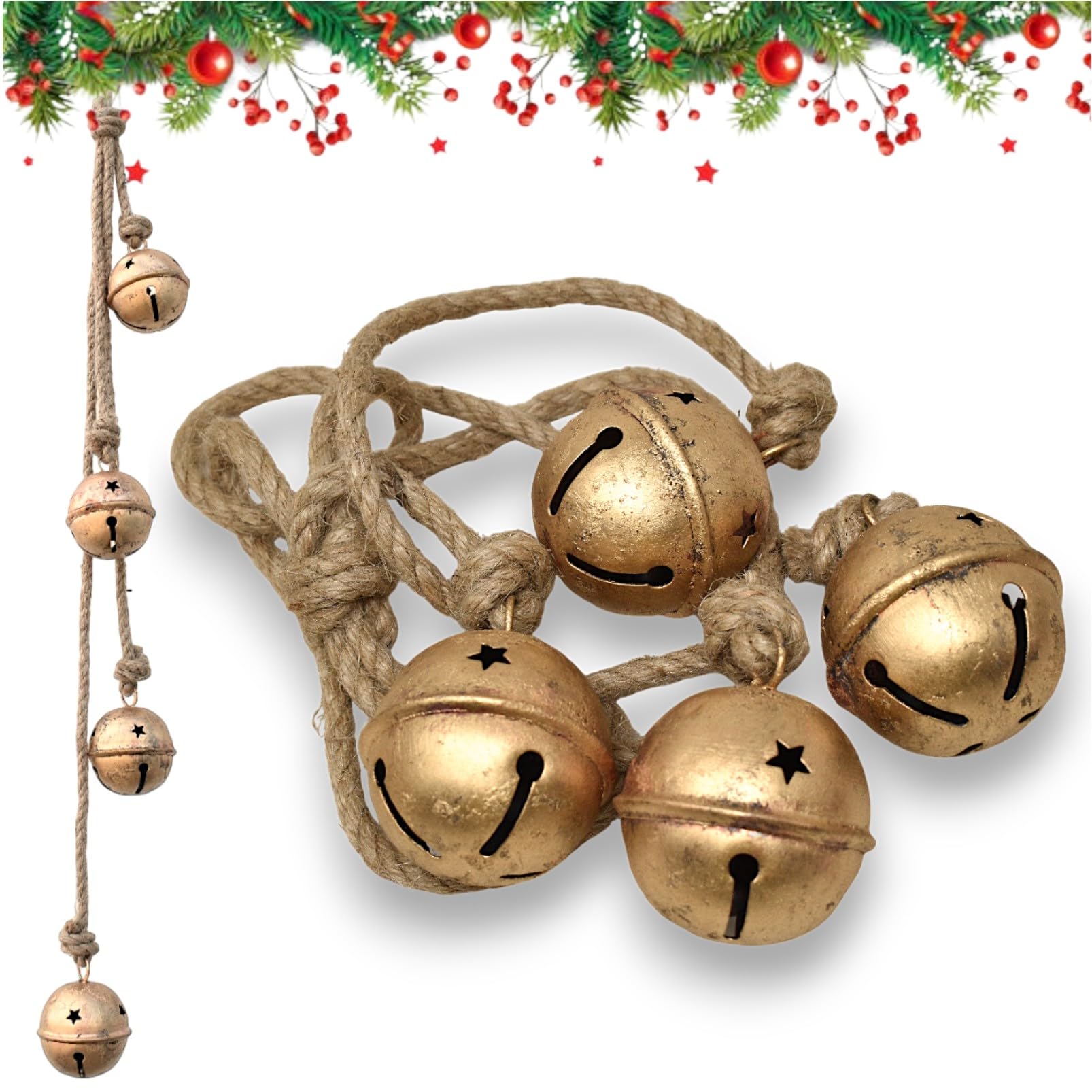Christmas Sleigh Bells, Hanging Bells Vintage Cowbell Brass Gold Rustic Harmony Metal Jingle Bells Cluster, Tree Bells on Jute R