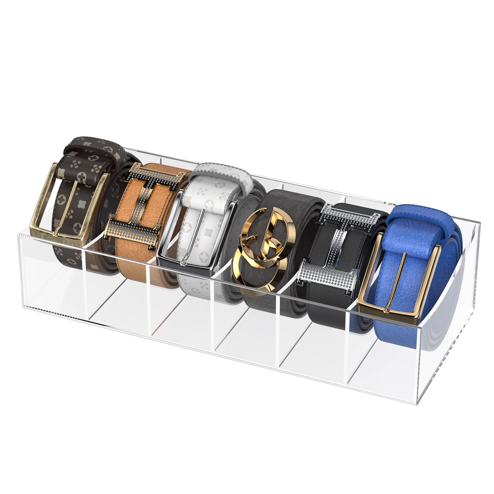 Kdsksc Belt Organizer, Acrylic Belt Storage Holder For The Closet And Drawer, 6 Compartments Belt Container Clear Display Case F