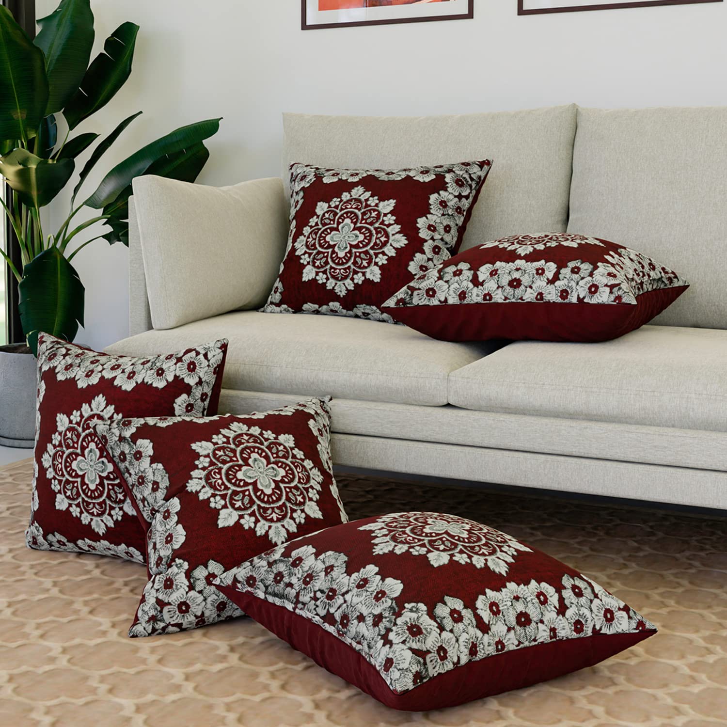 Kuber Industries Velvet Cushion Cover | Sofa Cushion Covers | Embossed Square Couch/Cushion Covers | Set Of 5 | 16 Inch | Maroon