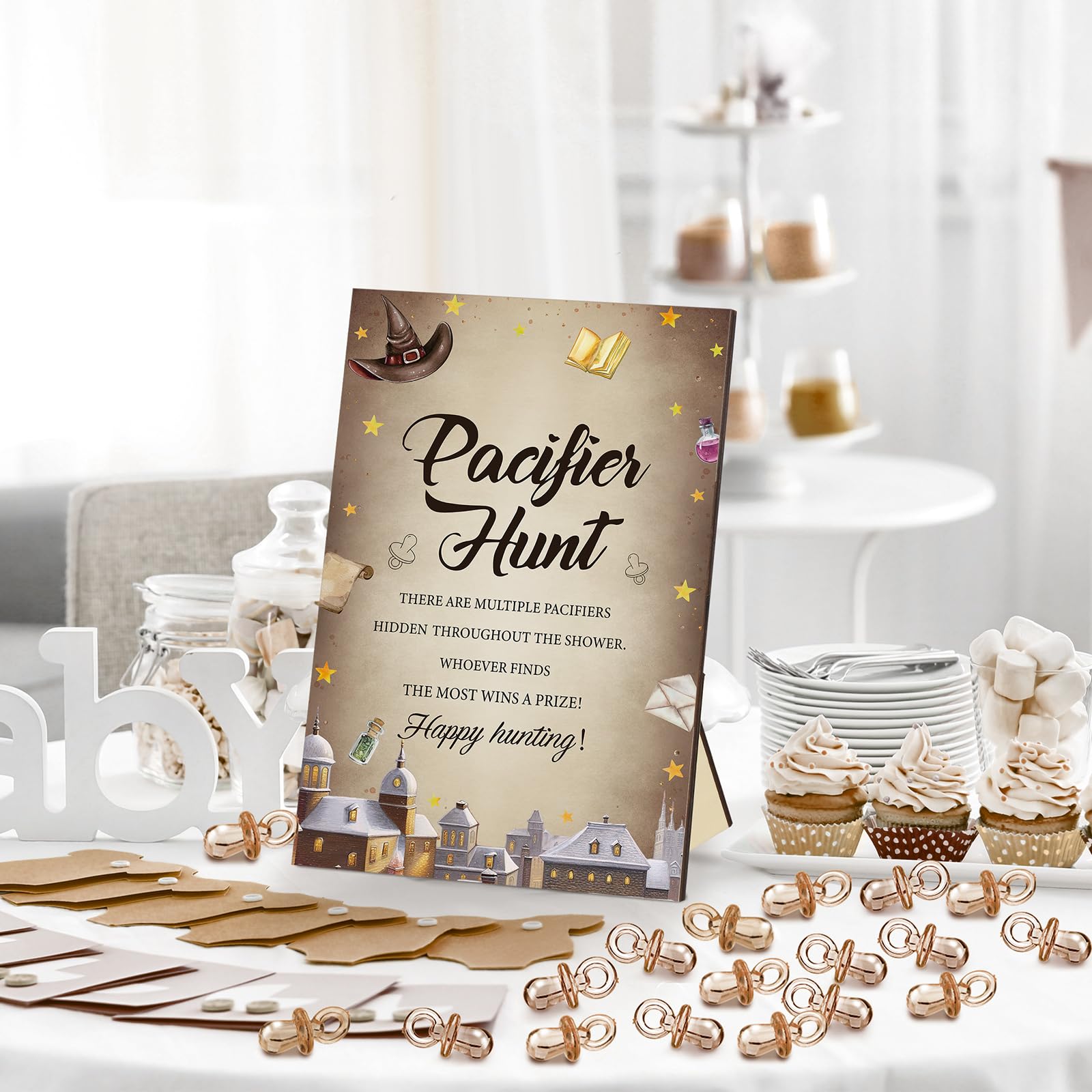 Thyle 51 Pcs Pacifier Hunt Baby Shower Games Include Hunt Sign and 50 Acrylic Pacifiers for Baby Shower Game Decoration Gift Set