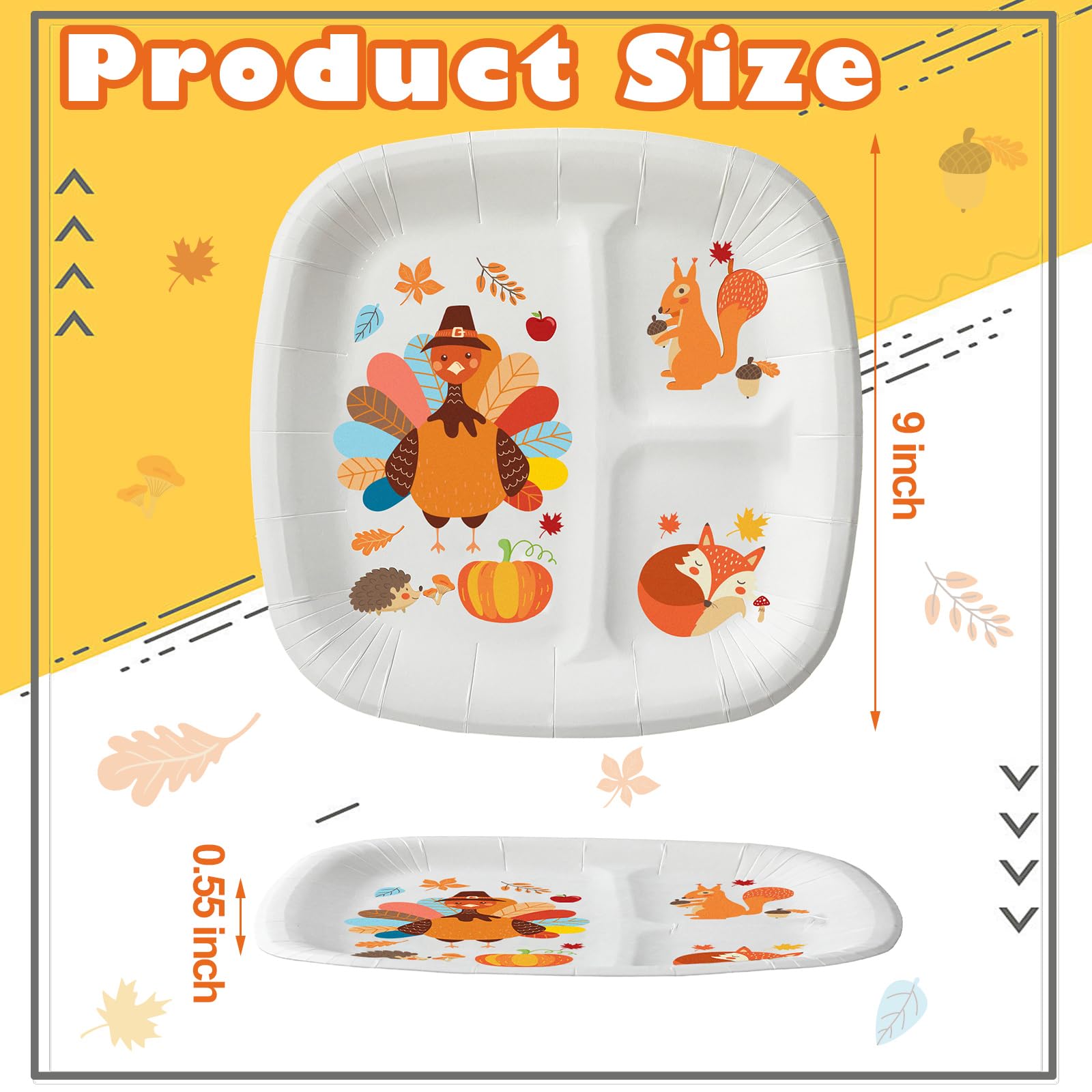 Havawish 24 Pcs Thanksgiving Turkey Divided Plates for Kids 9 x 9 Inch Disposable Paper Thanksgiving Dinner Tray for Thankful Pa